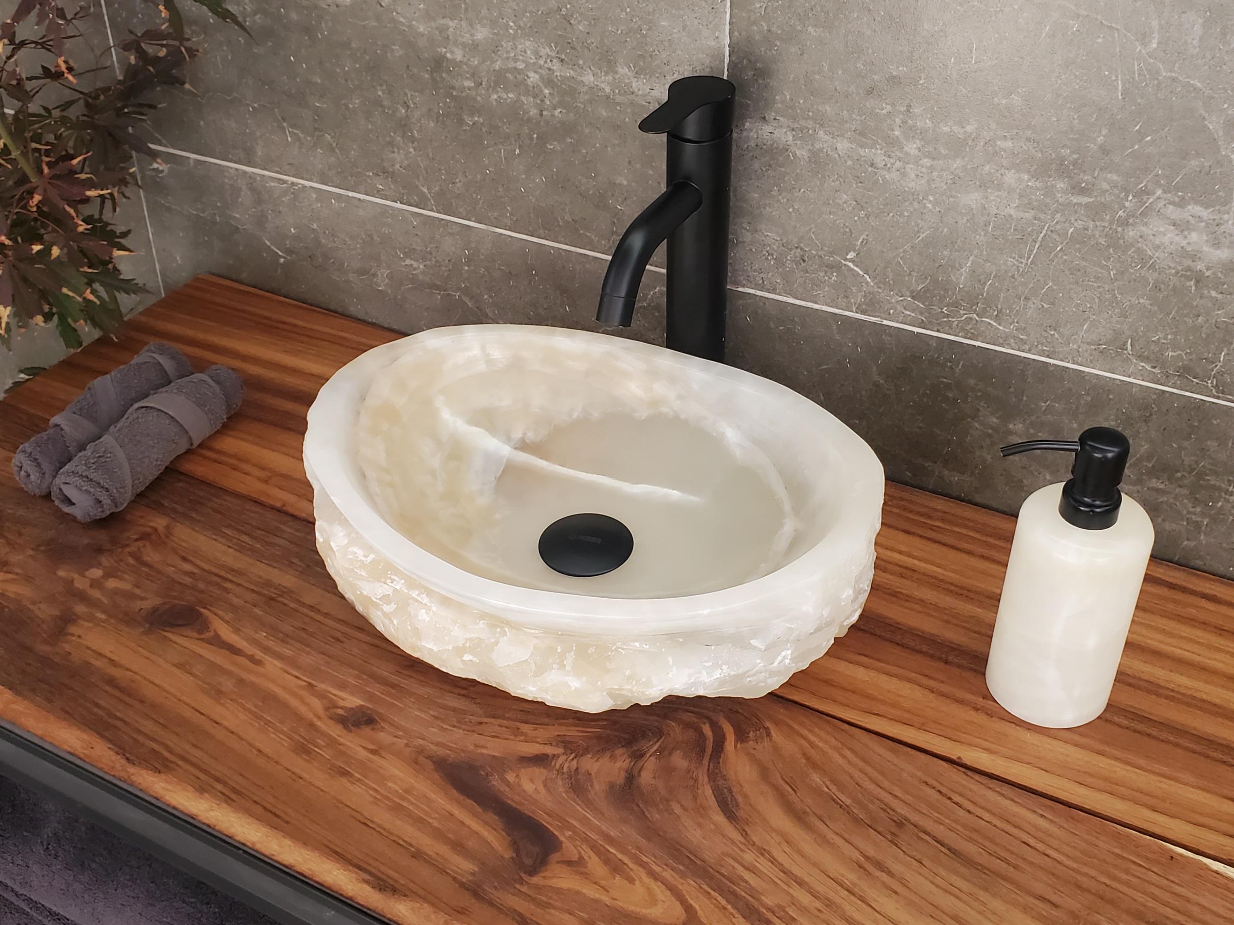 Cream Onyx Vessel Sink, Natural Stone Vanity Basin, Polished Bathroom Countertop Sink, Spa Decor 15x11 Inch Above Counter sink Bathroom Décor beige tan taupe hand basin bowl handmade powder room Home design trends luxury bathroom Marble Onix Rock modern contemporary natural stone sink plumbing fixture Rectangle Vessel Tan Rustic Onyx Vessel Sinks Translucent Polish