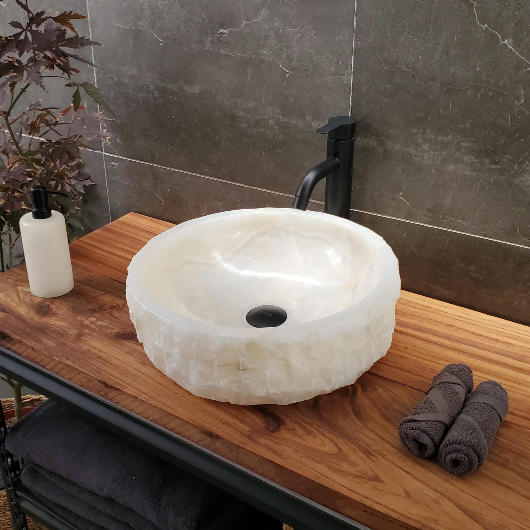 White Onyx Vessel Sink, 15.6x15.6 Inch Natural Stone Countertop Basin, Polished Luxury Vanity Sink, Spa Bathroom Decor Above Counter sink Bathroom Décor beige tan taupe hand basin bowl handmade powder room Home design trends luxury bathroom Marble Onix Rock modern contemporary natural stone sink plumbing fixture Rectangle Vessel Tan Rustic Onyx Vessel Sinks Translucent Polish