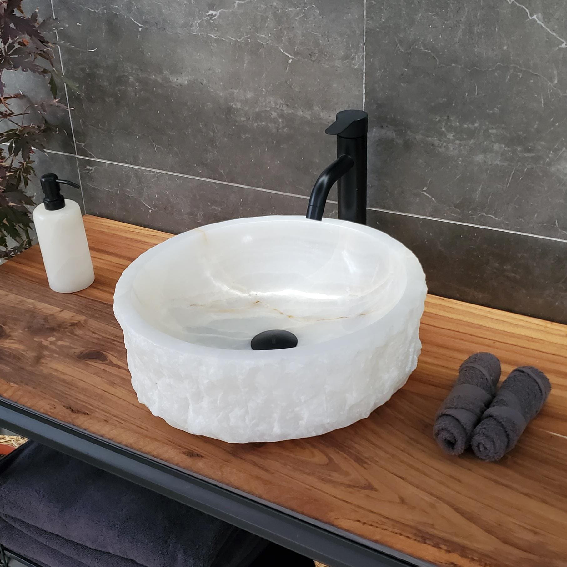 White Onyx Vessel Sink, 16x16 Inch Natural Stone Countertop Basin, Polished Luxury Vanity Sink, Spa Bathroom Decor Above Counter sink Bathroom Décor beige tan taupe hand basin bowl handmade powder room Home design trends luxury bathroom Marble Onix Rock modern contemporary natural stone sink plumbing fixture Rectangle Vessel Tan Rustic Onyx Vessel Sinks Translucent Polish