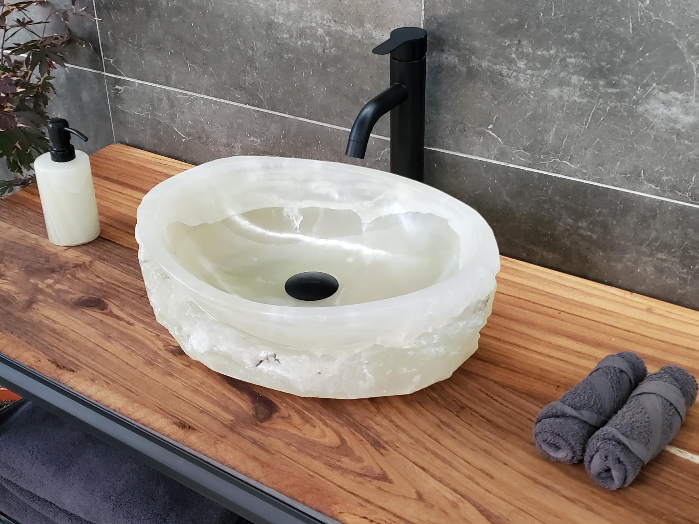 Green Onyx Vessel Sink, 17x13 Inch Natural Stone Countertop Basin, Polished Luxury Vanity Sink, Spa Bathroom Decor Above Counter sink Bathroom Décor beige tan taupe hand basin bowl handmade powder room Home design trends luxury bathroom Marble Onix Rock modern contemporary natural stone sink plumbing fixture Rectangle Vessel Tan Rustic Onyx Vessel Sinks Translucent Polish