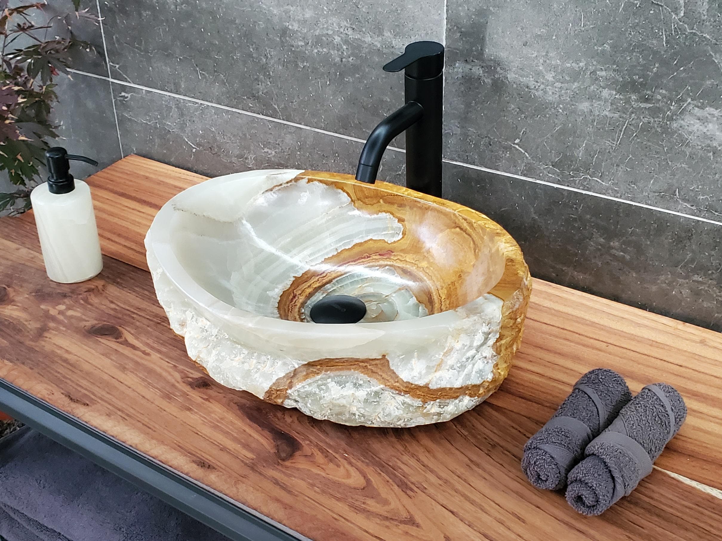 Green Onyx Vessel Sink – Oval Natural Stone Countertop Sink, Polished Vanity Basin, Luxury Spa Bathroom Decor 17x13 Inch Above Counter sink Bathroom Décor beige tan taupe hand basin bowl handmade powder room Home design trends luxury bathroom Marble Onix Rock modern contemporary natural stone sink plumbing fixture Rectangle Vessel Tan Rustic Onyx Vessel Sinks Translucent Polish