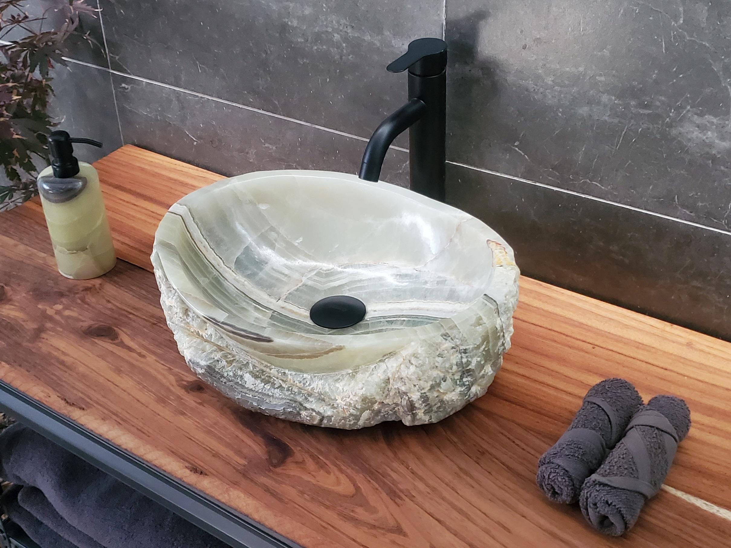 Green Onyx Vessel Sink – Oval Natural Stone Countertop Sink, Polished Vanity Basin, Luxury Spa Bathroom Decor 16.5x12.5 Inch Above Counter sink Bathroom Décor beige tan taupe hand basin bowl handmade powder room Home design trends luxury bathroom Marble Onix Rock modern contemporary natural stone sink plumbing fixture Rectangle Vessel Tan Rustic Onyx Vessel Sinks Translucent Polish