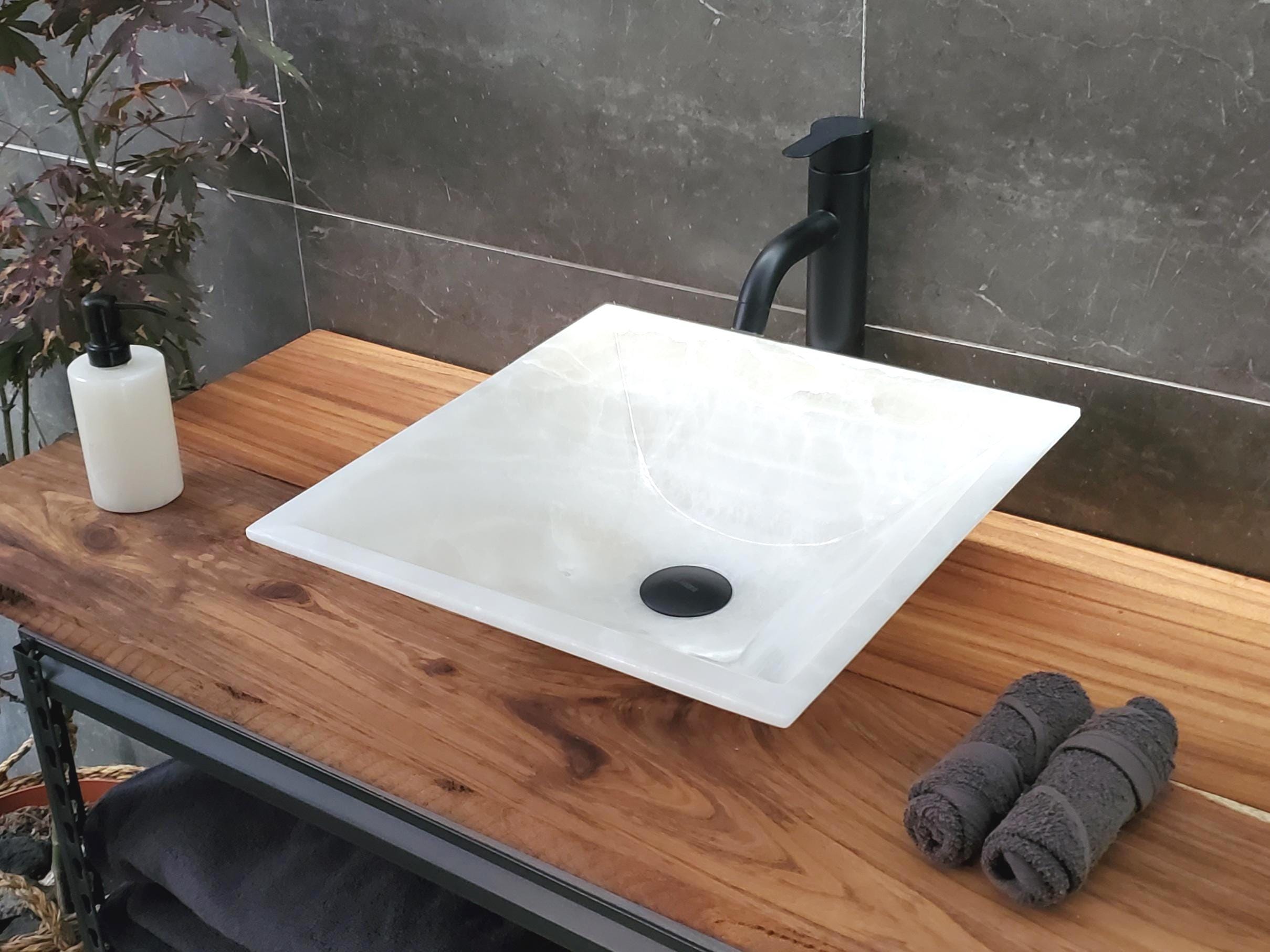 White Onyx Marble Vessel Sink – Natural Stone Countertop Sink, Polished Vanity Basin, Luxury Spa Bathroom Decor 15.8x15.8 Inch Above Counter sink Bathroom Décor beige tan taupe hand basin bowl handmade powder room Home design trends luxury bathroom Marble Onix Rock modern contemporary natural stone sink plumbing fixture Polished Onyx Sinks Rectangle Vessel Tan Translucent Polish