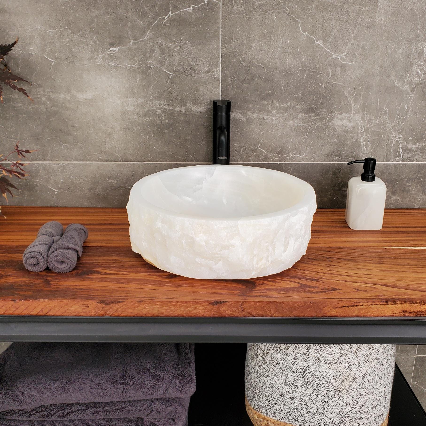 White Onyx Vessel Sink, Natural Stone Vanity Basin, Polished Bathroom Countertop Sink, Spa Decor 15x15 Inch Above Counter sink Bathroom Décor beige tan taupe hand basin bowl handmade powder room Home design trends luxury bathroom Marble Onix Rock modern contemporary natural stone sink plumbing fixture Rectangle Vessel Tan Rustic Onyx Vessel Sinks Translucent Polish