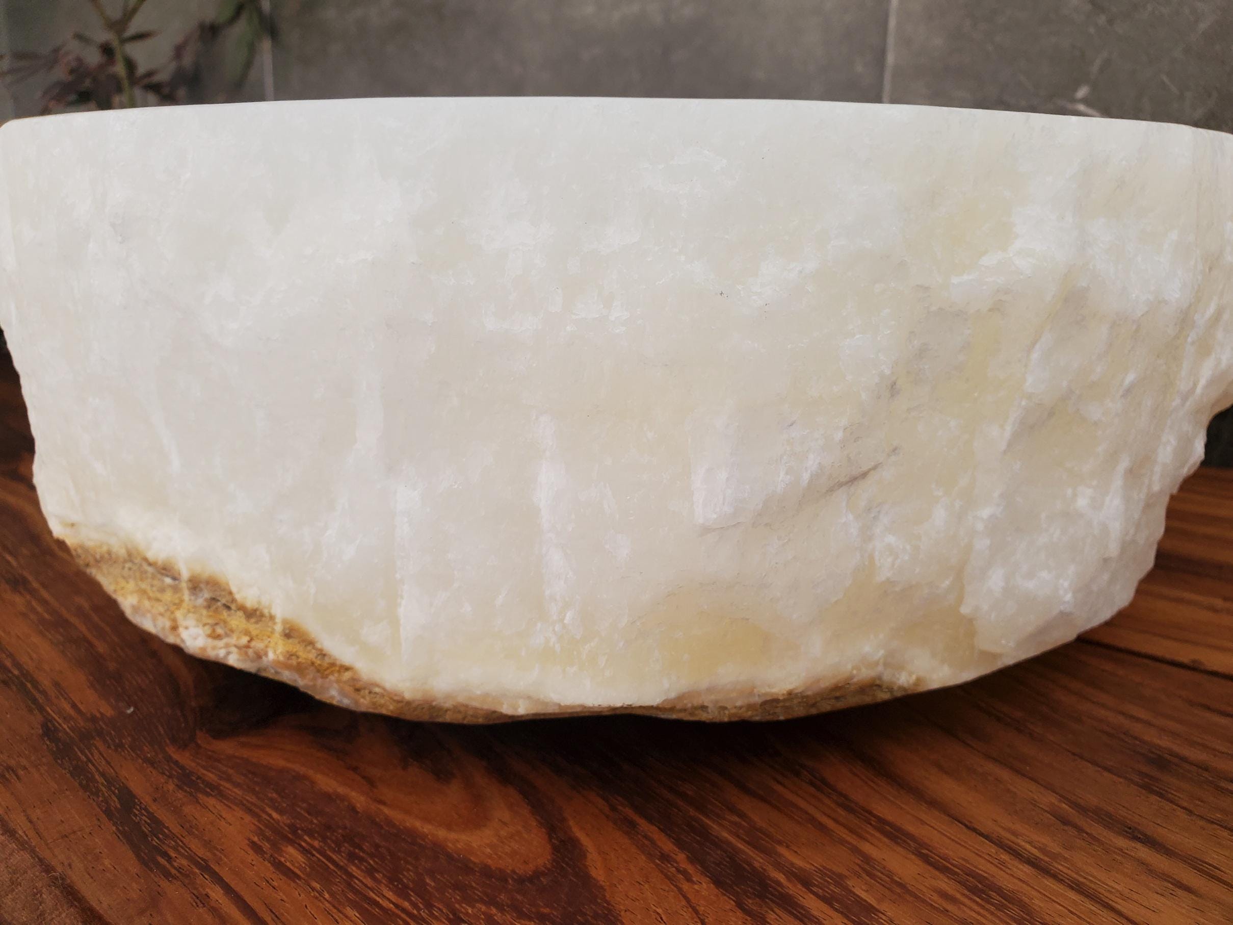 White Onyx Vessel Sink, Natural Stone Vanity Basin, Polished Bathroom Countertop Sink, Spa Decor 15x15 Inch Above Counter sink Bathroom Décor beige tan taupe hand basin bowl handmade powder room Home design trends luxury bathroom Marble Onix Rock modern contemporary natural stone sink plumbing fixture Rectangle Vessel Tan Rustic Onyx Vessel Sinks Translucent Polish