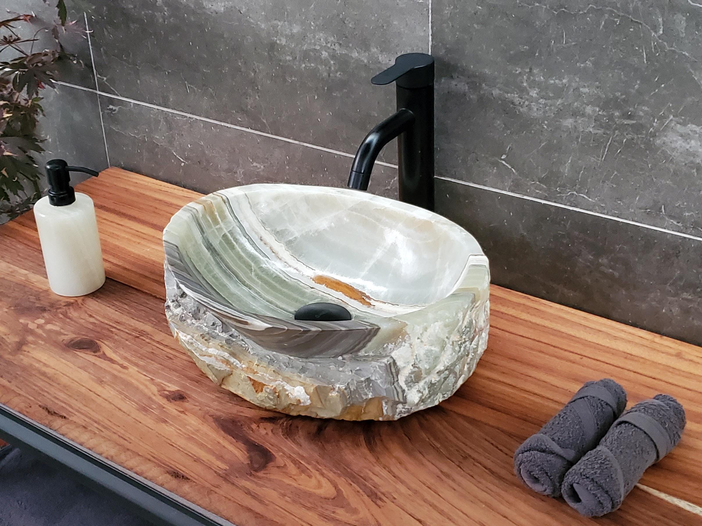 Green Onyx Vessel Sink – Oval Natural Stone Countertop Sink, Polished Vanity Basin, Luxury Spa Bathroom Decor 15x11.5 Inch Above Counter sink Bathroom Décor beige tan taupe hand basin bowl handmade powder room Home design trends luxury bathroom Marble Onix Rock modern contemporary natural stone sink plumbing fixture Rectangle Vessel Tan Rustic Onyx Vessel Sinks Translucent Polish
