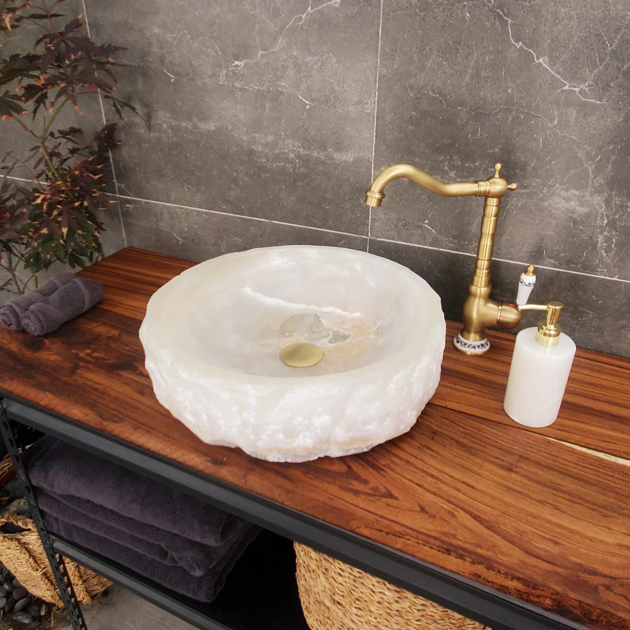 White Onyx Vessel Sink, 16x16 Inch Natural Stone Countertop Basin, Polished Luxury Vanity Sink, Spa Bathroom Decor Above Counter sink Bathroom Décor beige tan taupe hand basin bowl handmade powder room Home design trends luxury bathroom Marble Onix Rock modern contemporary natural stone sink plumbing fixture Rectangle Vessel Tan Rustic Onyx Vessel Sinks Translucent Polish