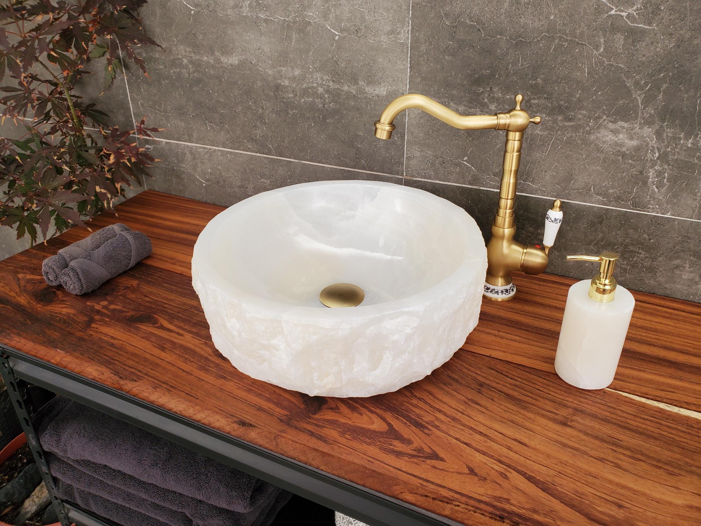White Onyx Vessel Sink, Natural Stone Vanity Basin, Polished Bathroom Countertop Sink, Spa Decor 15x15 Inch Above Counter sink Bathroom Décor beige tan taupe hand basin bowl handmade powder room Home design trends luxury bathroom Marble Onix Rock modern contemporary natural stone sink plumbing fixture Rectangle Vessel Tan Rustic Onyx Vessel Sinks Translucent Polish
