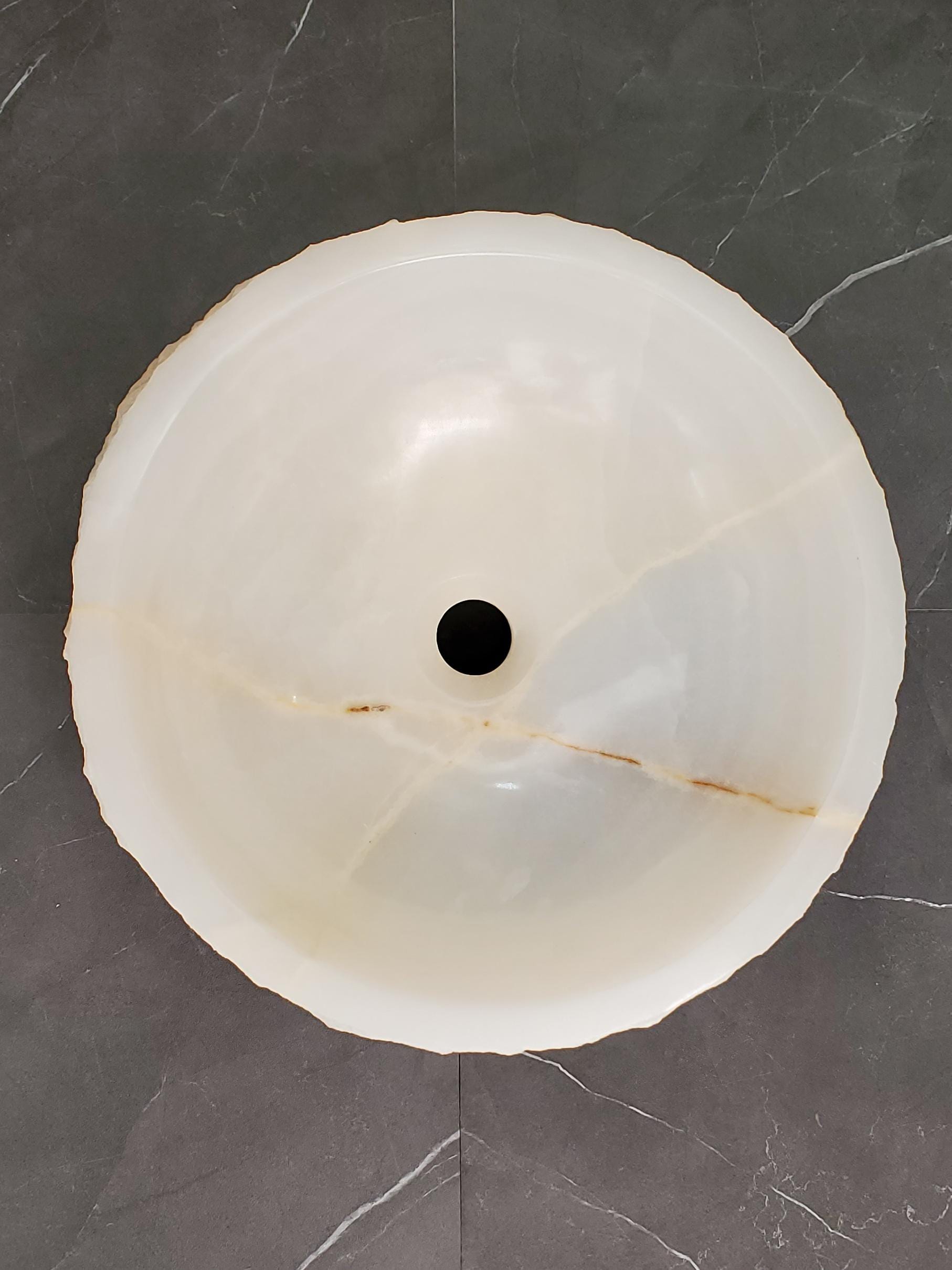 White Onyx Vessel Sink | Natural Stone Bathroom Sink | Live Edge Vanity Basin | Luxury Bathroom Sink | Handmade Onyx Sink 16x16 Inch Above Counter sink Bathroom Décor beige tan taupe hand basin bowl handmade powder room Home design trends luxury bathroom Marble Onix Rock modern contemporary natural stone sink plumbing fixture Rectangle Vessel Tan Rustic Onyx Vessel Sinks Translucent Polish