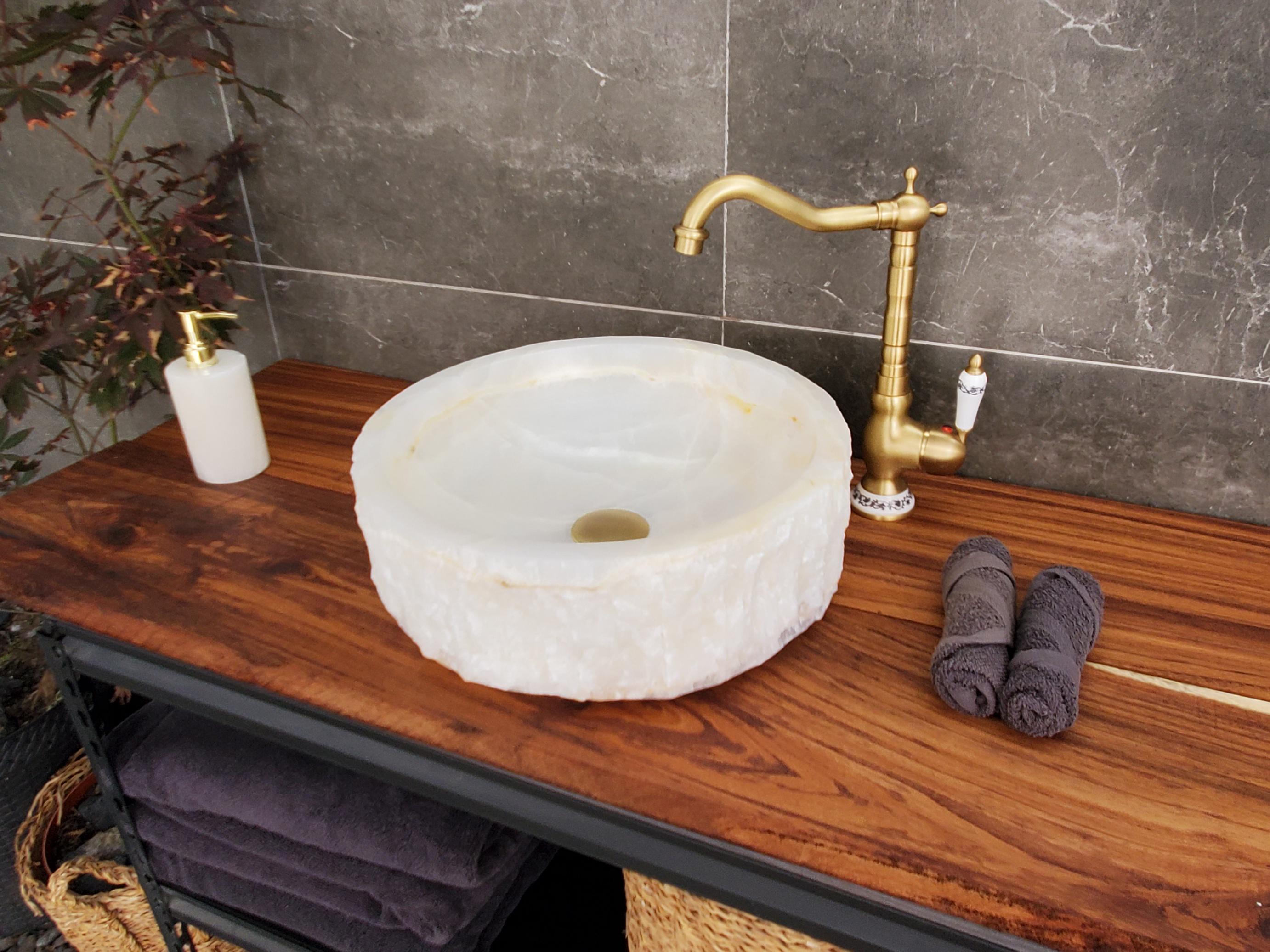 White Onyx Vessel Sink, Natural Stone Vanity Basin, Polished Bathroom Countertop Sink, Spa Decor 15x15 Inch Above Counter sink Bathroom Décor beige tan taupe hand basin bowl handmade powder room Home design trends luxury bathroom Marble Onix Rock modern contemporary natural stone sink plumbing fixture Rectangle Vessel Tan Rustic Onyx Vessel Sinks Translucent Polish