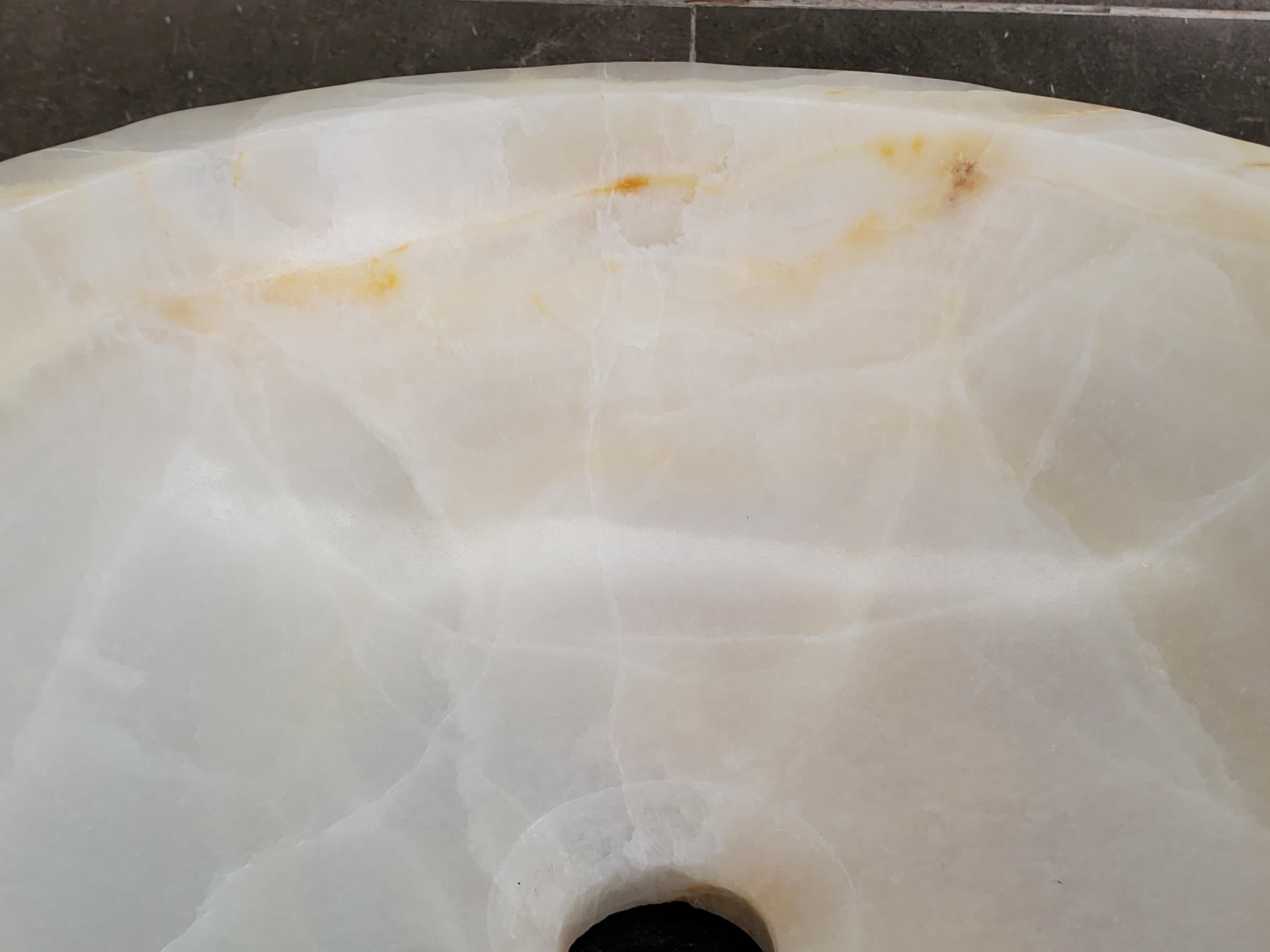 White Onyx Vessel Sink, Natural Stone Vanity Basin, Polished Bathroom Countertop Sink, Spa Decor 15x15 Inch Above Counter sink Bathroom Décor beige tan taupe hand basin bowl handmade powder room Home design trends luxury bathroom Marble Onix Rock modern contemporary natural stone sink plumbing fixture Rectangle Vessel Tan Rustic Onyx Vessel Sinks Translucent Polish