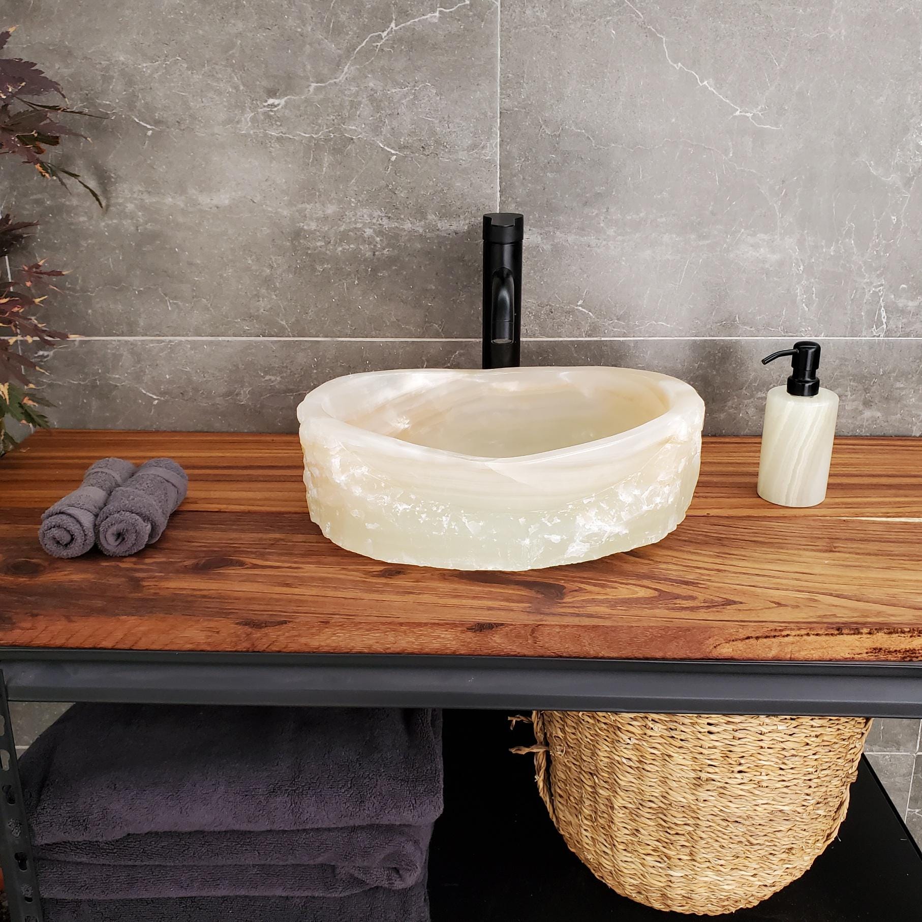 Cream White Onyx Marble Vessel Sink, Natural Stone Vanity Basin, Polished Bathroom Countertop Sink, Spa Decor 15.5x11.5 Inch Above Counter sink Bathroom Décor beige tan taupe hand basin bowl handmade powder room Home design trends luxury bathroom Marble Onix Rock modern contemporary natural stone sink plumbing fixture Rectangle Vessel Tan Rustic Onyx Vessel Sinks Translucent Polish