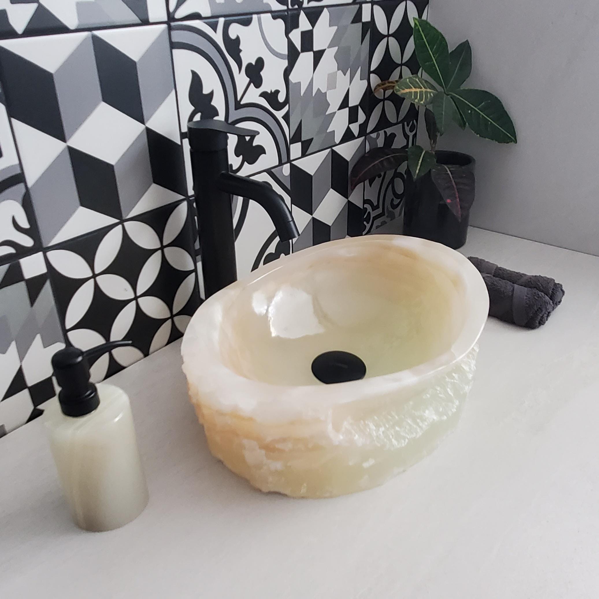 Cream White Onyx Marble Vessel Sink, Natural Stone Vanity Basin, Polished Bathroom Countertop Sink, Spa Decor 15.5x11.5 Inch Above Counter sink Bathroom Décor beige tan taupe hand basin bowl handmade powder room Home design trends luxury bathroom Marble Onix Rock modern contemporary natural stone sink plumbing fixture Rectangle Vessel Tan Rustic Onyx Vessel Sinks Translucent Polish