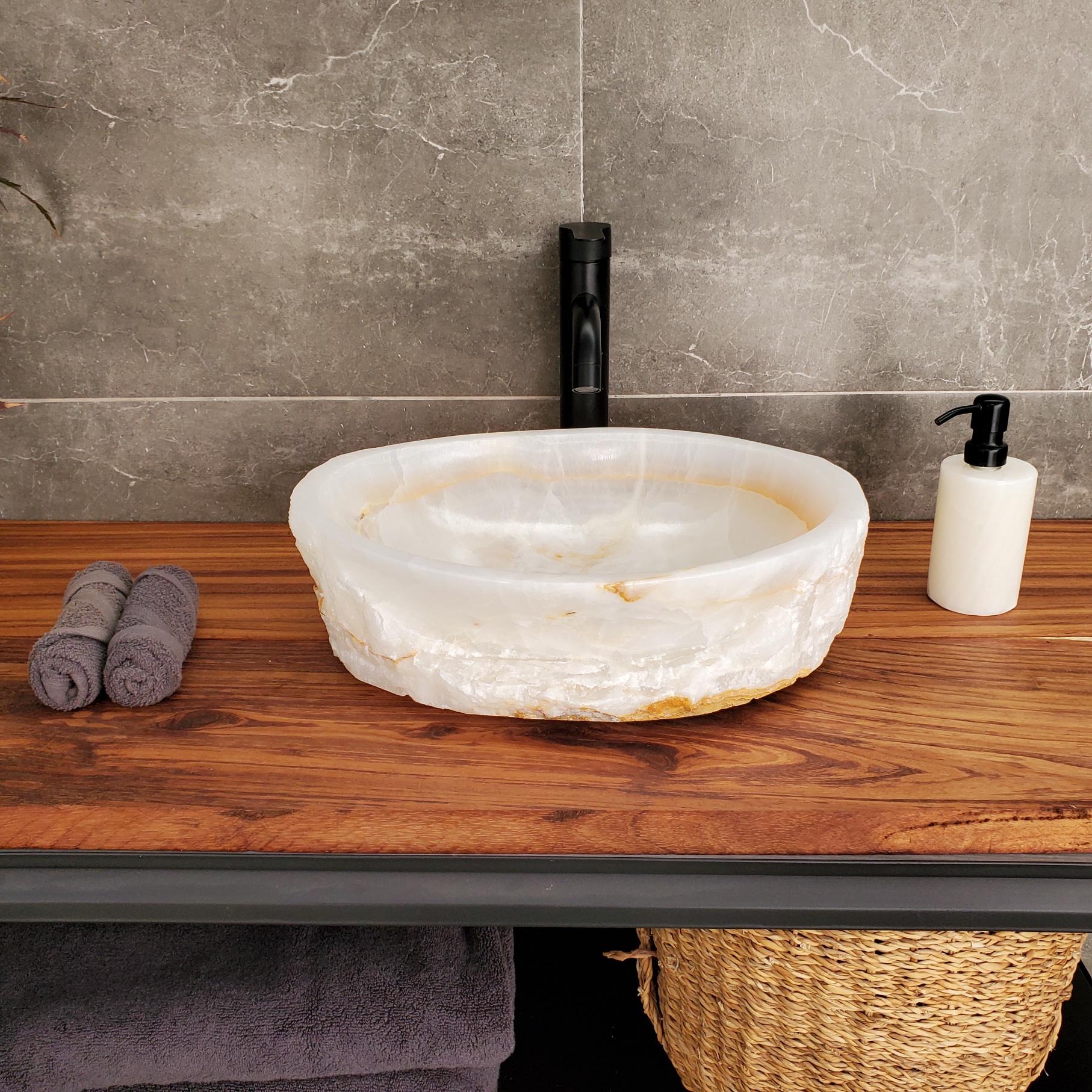 White Onyx Marble Vessel Sink, 16x12.5 Inch Natural Stone Countertop Basin, Polished Luxury Vanity Sink, Spa Bathroom Decor Above Counter sink Bathroom Décor beige tan taupe hand basin bowl handmade powder room Home design trends luxury bathroom Marble Onix Rock modern contemporary natural stone sink plumbing fixture Rectangle Vessel Tan Rustic Onyx Vessel Sinks Translucent Polish