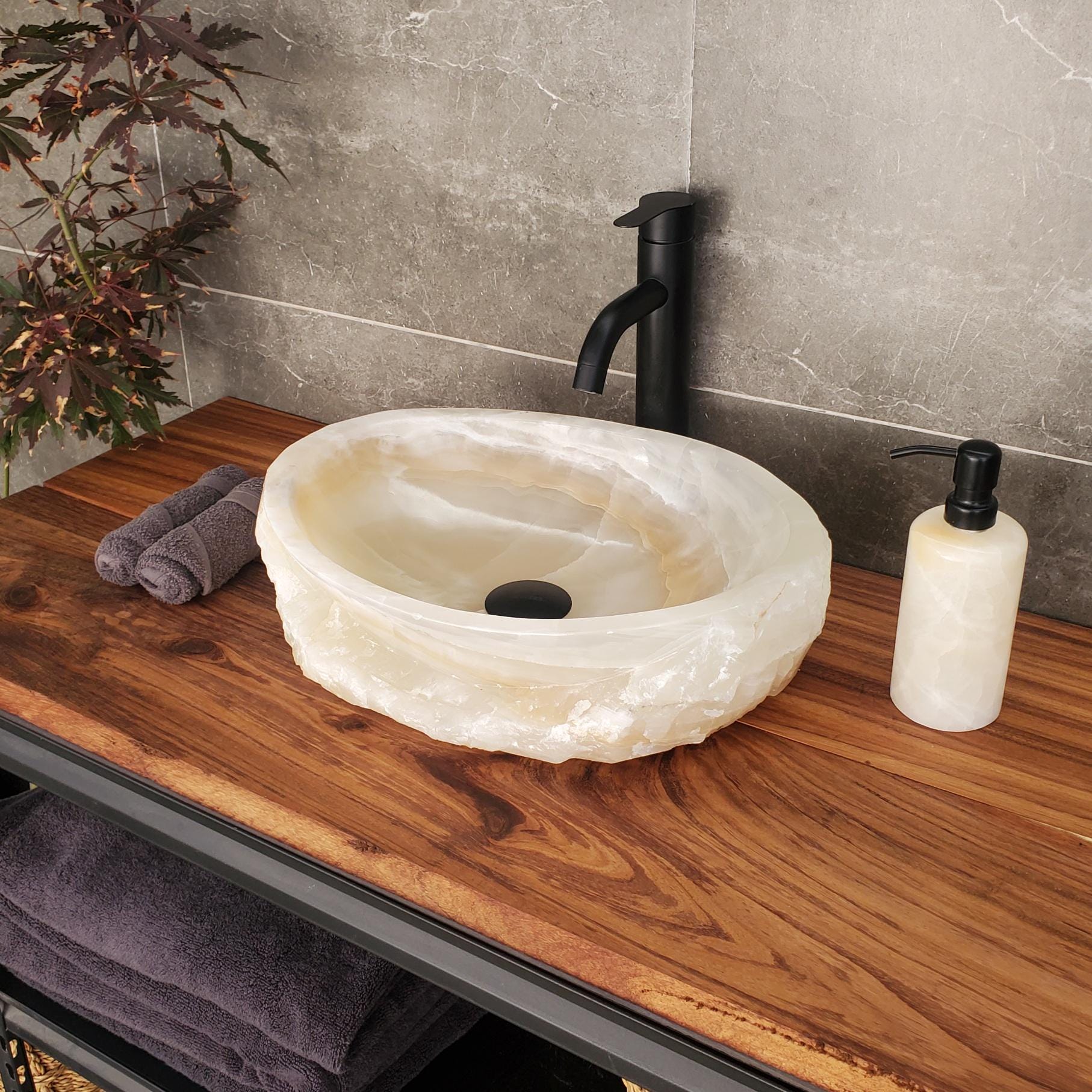 Beige Onyx Vessel Sink, 17x12.5 Inch Natural Stone Countertop Basin, Polished Luxury Vanity Sink, Spa Bathroom Decor Above Counter sink Bathroom Décor beige tan taupe hand basin bowl handmade powder room Home design trends luxury bathroom Marble Onix Rock modern contemporary natural stone sink plumbing fixture Rectangle Vessel Tan Rustic Onyx Vessel Sinks Translucent Polish
