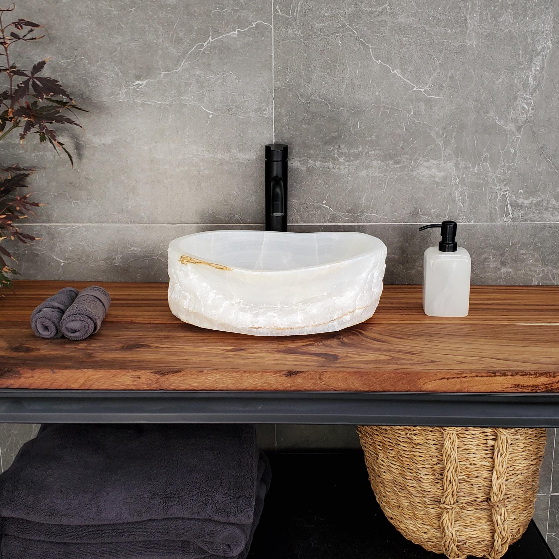 White Onyx Vessel Sink, Natural Stone Vanity Basin, Polished Bathroom Countertop Sink, Spa Decor 15x11.5 Inch Above Counter sink Bathroom Décor beige tan taupe hand basin bowl handmade powder room Home design trends luxury bathroom Marble Onix Rock modern contemporary natural stone sink plumbing fixture Rectangle Vessel Tan Rustic Onyx Vessel Sinks Translucent Polish