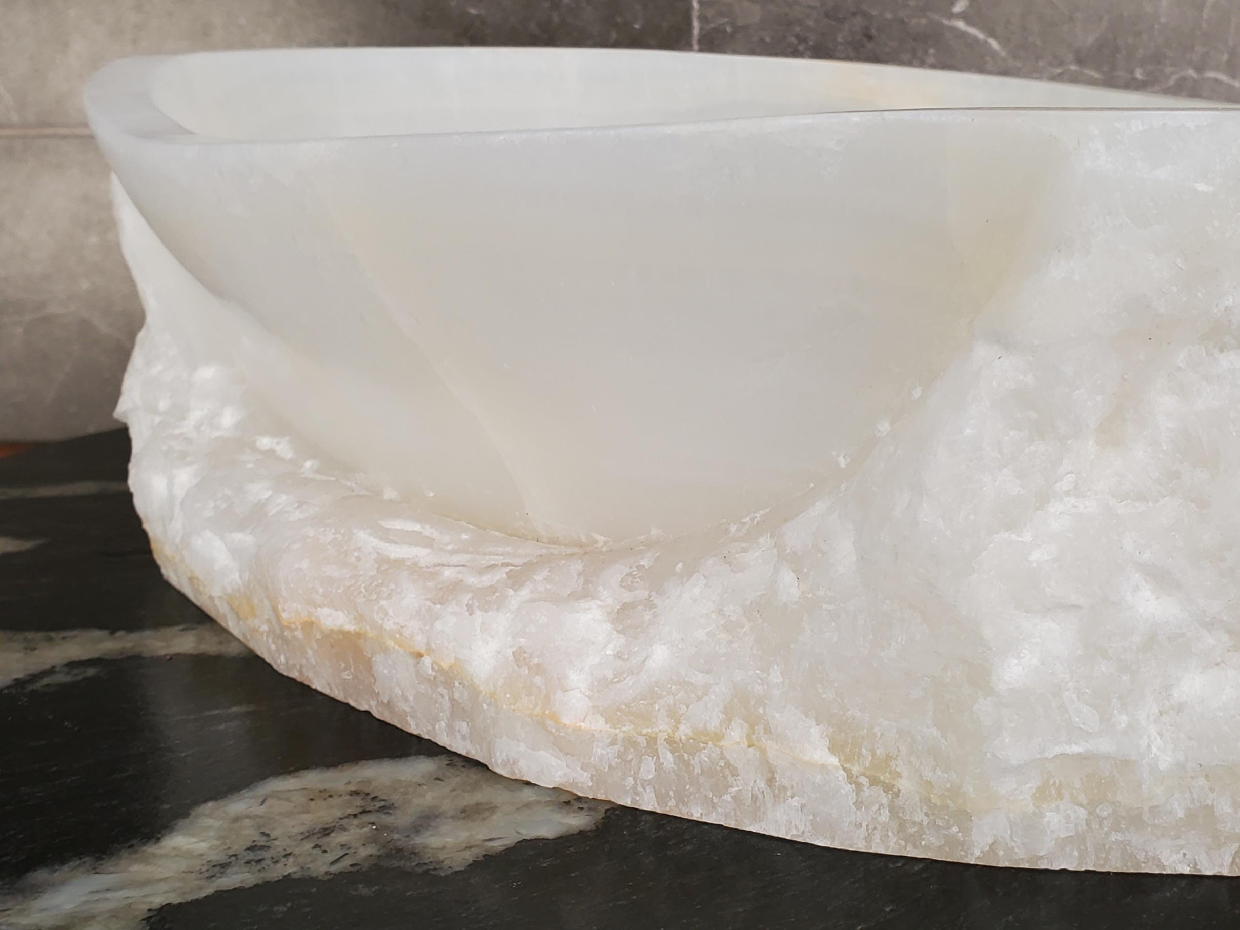 White Onyx Vessel Sink, Natural Stone Vanity Basin, Polished Bathroom Countertop Sink, Spa Decor 15x11.5 Inch Above Counter sink Bathroom Décor beige tan taupe hand basin bowl handmade powder room Home design trends luxury bathroom Marble Onix Rock modern contemporary natural stone sink plumbing fixture Rectangle Vessel Tan Rustic Onyx Vessel Sinks Translucent Polish