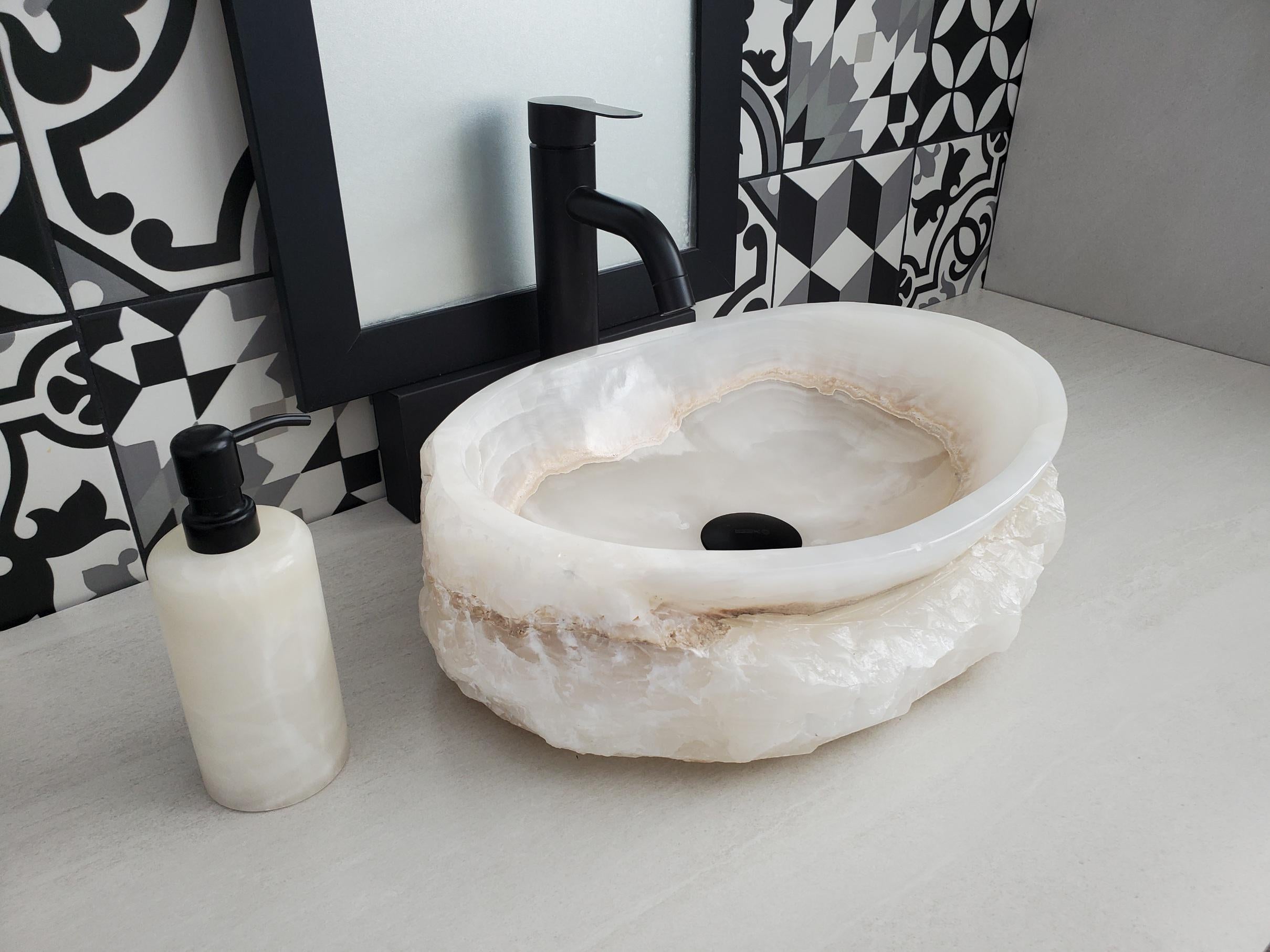 White Onyx Vessel Sink, 16.5x12.5 Inch Natural Stone Countertop Basin, Polished Luxury Vanity Sink, Spa Bathroom Decor Above Counter sink Bathroom Décor beige tan taupe hand basin bowl handmade powder room Home design trends luxury bathroom Marble Onix Rock modern contemporary natural stone sink plumbing fixture Rectangle Vessel Tan Rustic Onyx Vessel Sinks Translucent Polish