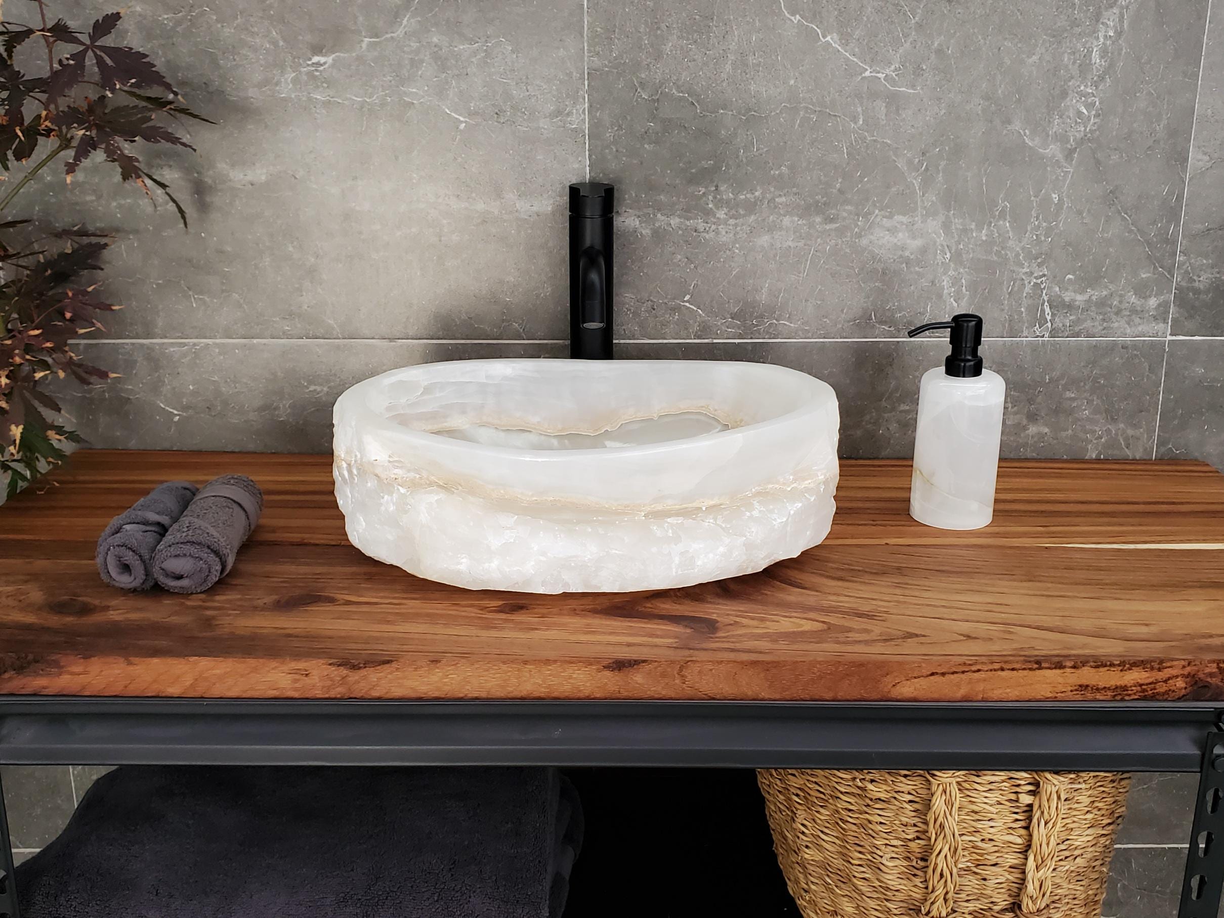 White Onyx Vessel Sink, 16.5x12.5 Inch Natural Stone Countertop Basin, Polished Luxury Vanity Sink, Spa Bathroom Decor Above Counter sink Bathroom Décor beige tan taupe hand basin bowl handmade powder room Home design trends luxury bathroom Marble Onix Rock modern contemporary natural stone sink plumbing fixture Rectangle Vessel Tan Rustic Onyx Vessel Sinks Translucent Polish