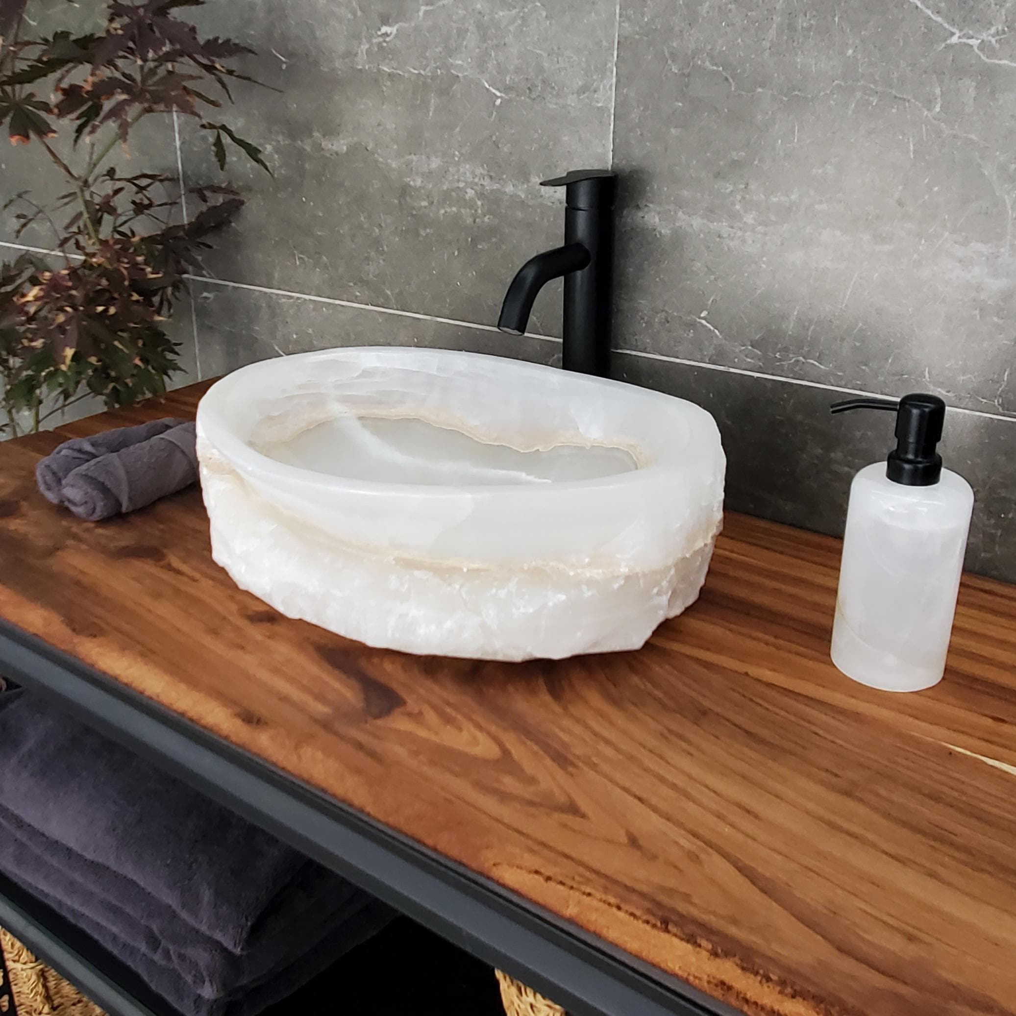 White Onyx Vessel Sink, 16.5x12.5 Inch Natural Stone Countertop Basin, Polished Luxury Vanity Sink, Spa Bathroom Decor Above Counter sink Bathroom Décor beige tan taupe hand basin bowl handmade powder room Home design trends luxury bathroom Marble Onix Rock modern contemporary natural stone sink plumbing fixture Rectangle Vessel Tan Rustic Onyx Vessel Sinks Translucent Polish