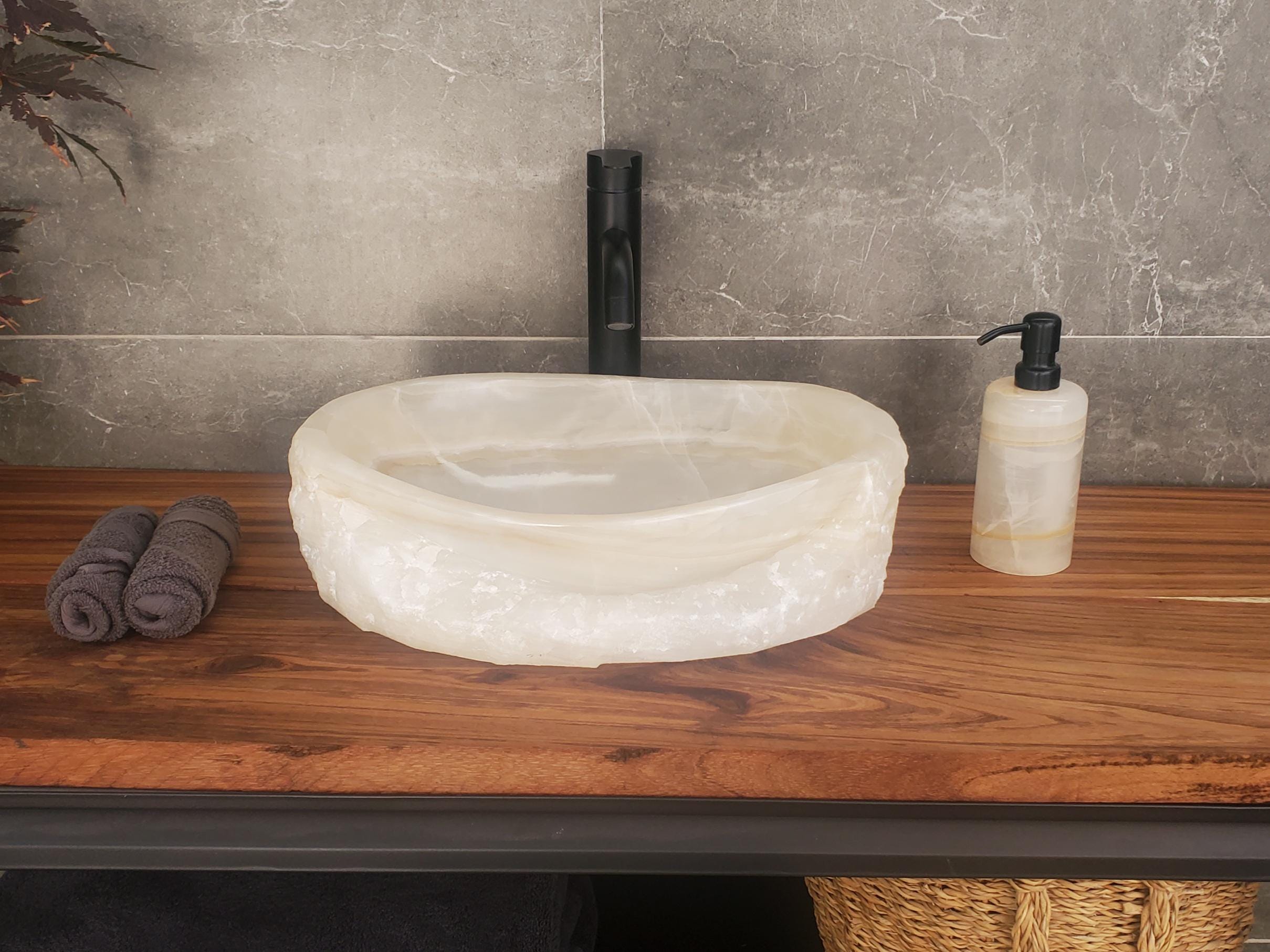White Onyx Vessel Sink – Oval Natural Stone Countertop Sink, Polished Vanity Basin, Luxury Spa Bathroom Decor 16.5x12.5 Inch Above Counter sink Bathroom Décor beige tan taupe hand basin bowl handmade powder room Home design trends luxury bathroom Marble Onix Rock modern contemporary natural stone sink plumbing fixture Rectangle Vessel Tan Rustic Onyx Vessel Sinks Translucent Polish