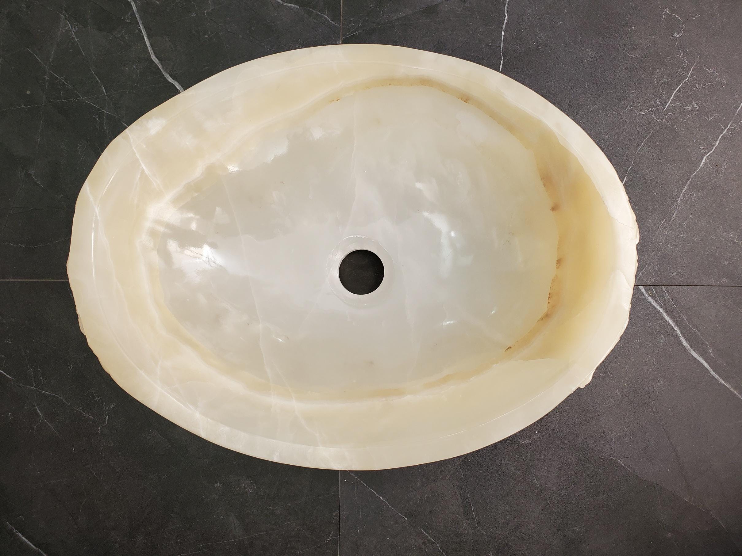 White Onyx Vessel Sink – Oval Natural Stone Countertop Sink, Polished Vanity Basin, Luxury Spa Bathroom Decor 16.5x12.5 Inch Above Counter sink Bathroom Décor beige tan taupe hand basin bowl handmade powder room Home design trends luxury bathroom Marble Onix Rock modern contemporary natural stone sink plumbing fixture Rectangle Vessel Tan Rustic Onyx Vessel Sinks Translucent Polish