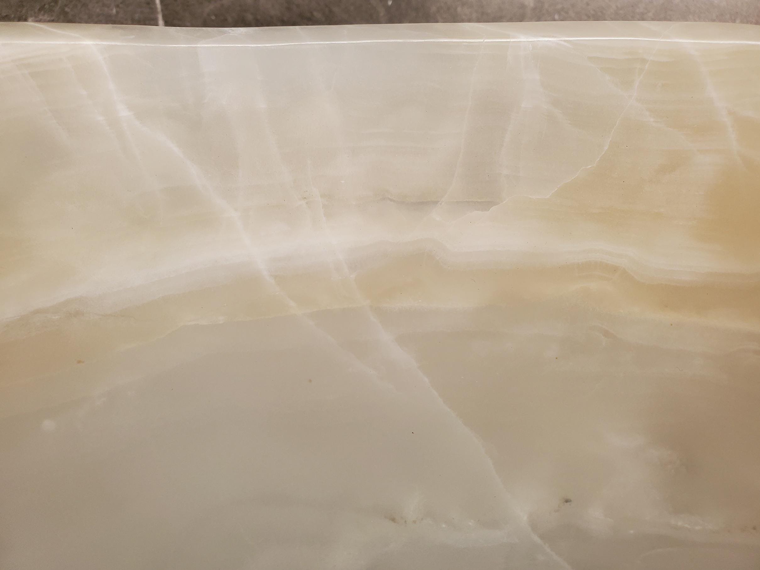 White Onyx Vessel Sink – Oval Natural Stone Countertop Sink, Polished Vanity Basin, Luxury Spa Bathroom Decor 16.5x12.5 Inch Above Counter sink Bathroom Décor beige tan taupe hand basin bowl handmade powder room Home design trends luxury bathroom Marble Onix Rock modern contemporary natural stone sink plumbing fixture Rectangle Vessel Tan Rustic Onyx Vessel Sinks Translucent Polish