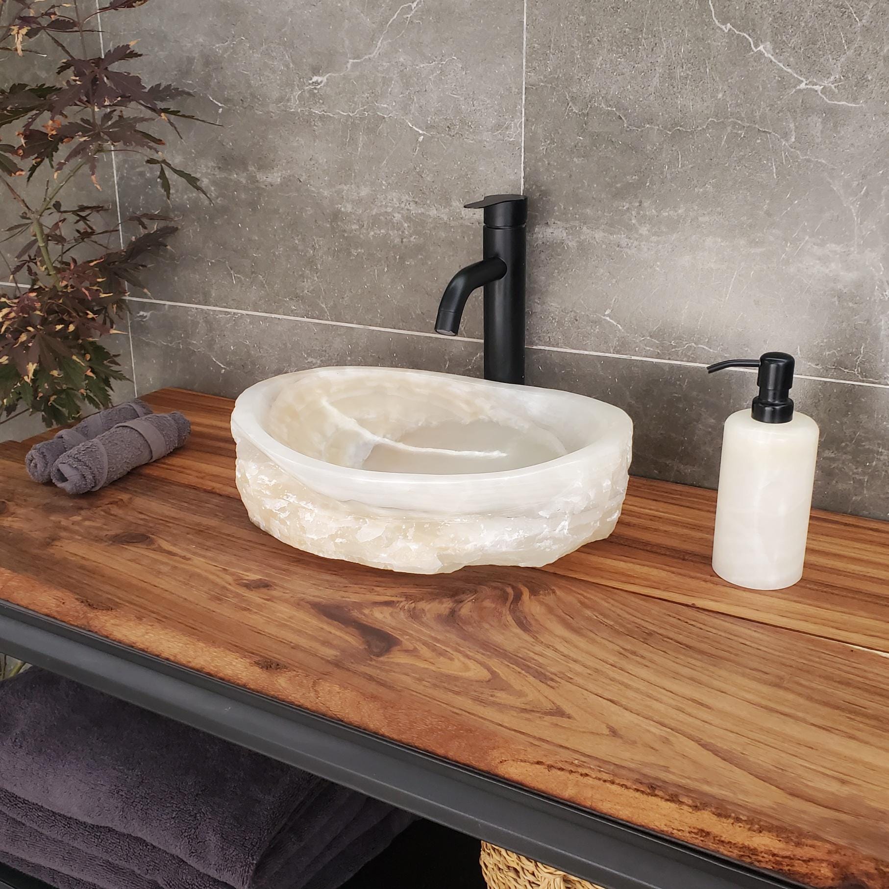 Cream Onyx Vessel Sink, Natural Stone Vanity Basin, Polished Bathroom Countertop Sink, Spa Decor 15x11 Inch Above Counter sink Bathroom Décor beige tan taupe hand basin bowl handmade powder room Home design trends luxury bathroom Marble Onix Rock modern contemporary natural stone sink plumbing fixture Rectangle Vessel Tan Rustic Onyx Vessel Sinks Translucent Polish