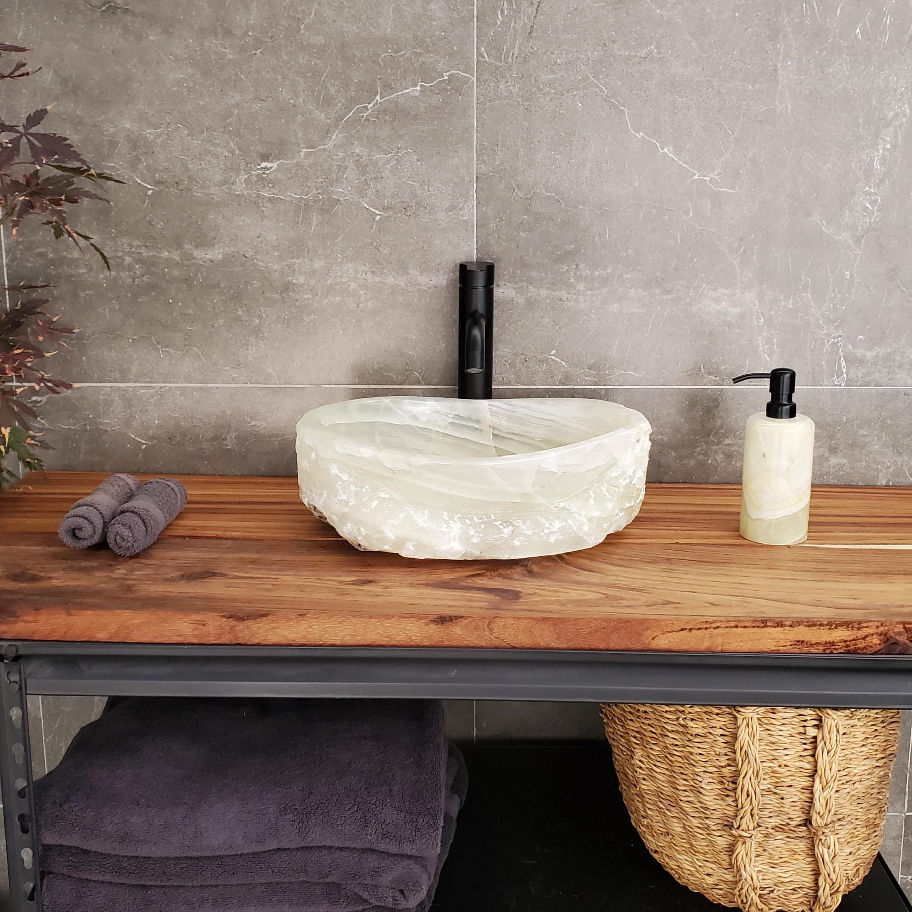 Green Onyx Vessel Sink – Oval Natural Stone Countertop Sink, Polished Vanity Basin, Luxury Spa Bathroom Decor 15.5x11.5 Inch Above Counter sink Bathroom Décor beige tan taupe hand basin bowl handmade powder room Home design trends luxury bathroom Marble Onix Rock modern contemporary natural stone sink plumbing fixture Rectangle Vessel Tan Rustic Onyx Vessel Sinks Translucent Polish