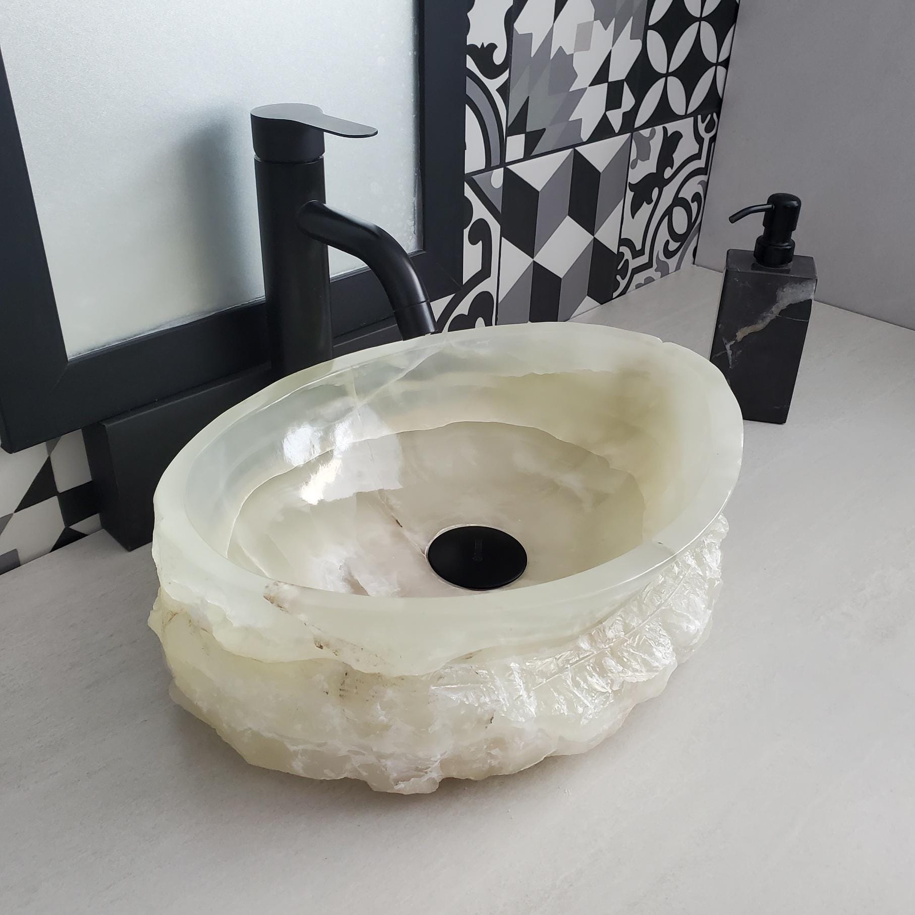 Green Onyx Vessel Sink, Natural Stone Vanity Basin, Polished Bathroom Countertop Sink, Spa Decor 15x11.5 Inch Above Counter sink Bathroom Décor beige tan taupe hand basin bowl handmade powder room Home design trends luxury bathroom Marble Onix Rock modern contemporary natural stone sink plumbing fixture Rectangle Vessel Tan Rustic Onyx Vessel Sinks Translucent Polish