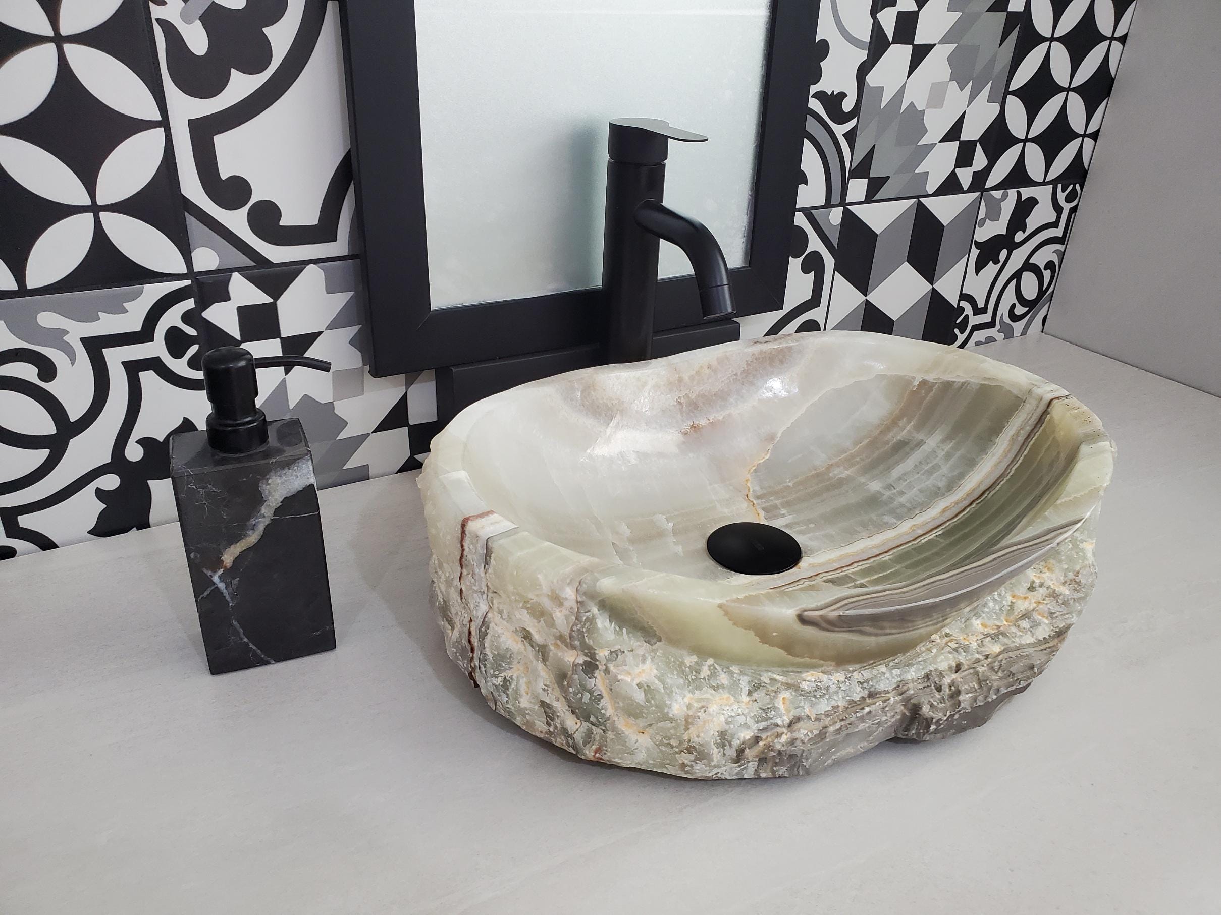 Green Onyx Marble Vessel Sink, 18x13.5 Inch Natural Stone Countertop Basin, Polished Luxury Vanity Sink, Spa Bathroom Decor Above Counter sink Bathroom Décor beige tan taupe hand basin bowl handmade powder room Home design trends luxury bathroom Marble Onix Rock modern contemporary natural stone sink plumbing fixture Rectangle Vessel Tan Rustic Onyx Vessel Sinks Translucent Polish