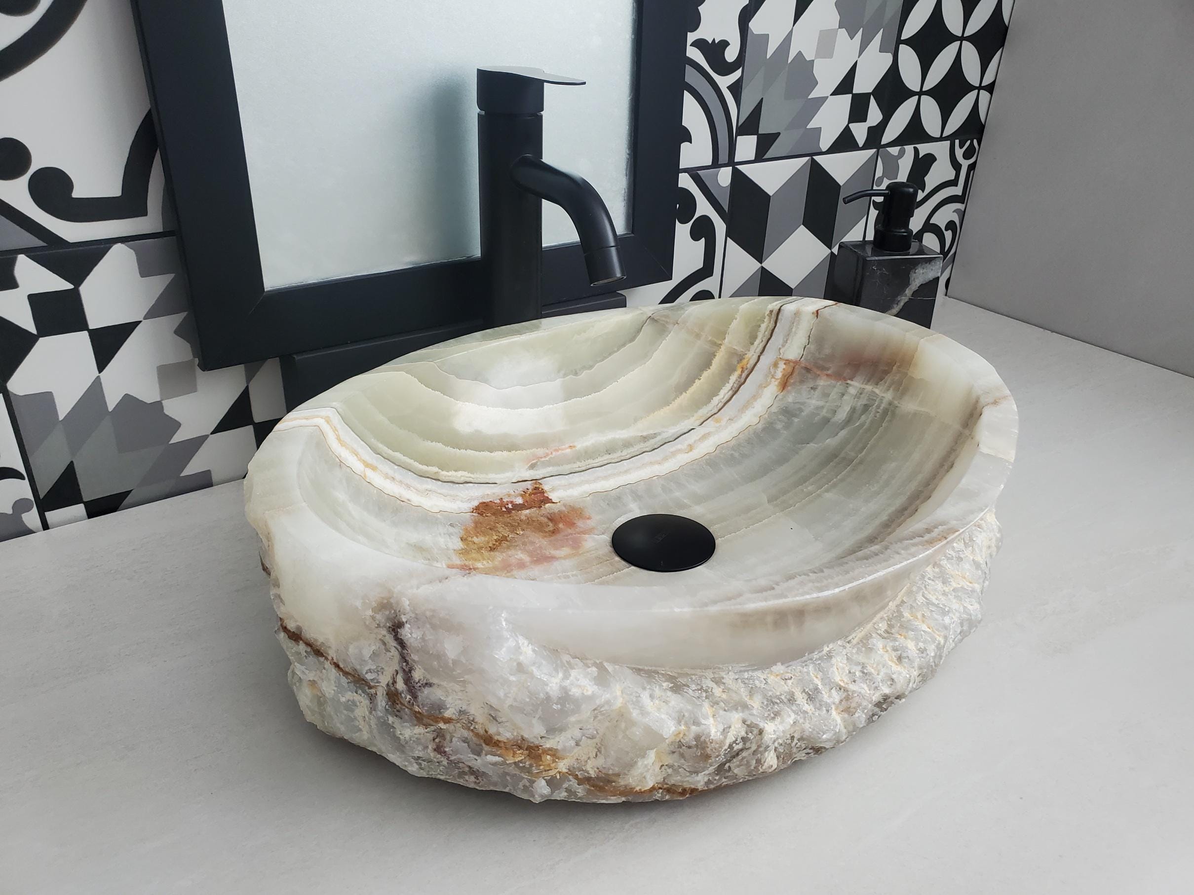 Green Onyx Marble Vessel Sink – Oval Natural Stone Countertop Sink, Polished Vanity Basin, Luxury Spa Bathroom Decor 18.5x14 Inch Above Counter sink Bathroom Décor beige tan taupe hand basin bowl handmade powder room Home design trends luxury bathroom Marble Onix Rock modern contemporary natural stone sink plumbing fixture Rectangle Vessel Tan Rustic Onyx Vessel Sinks Translucent Polish