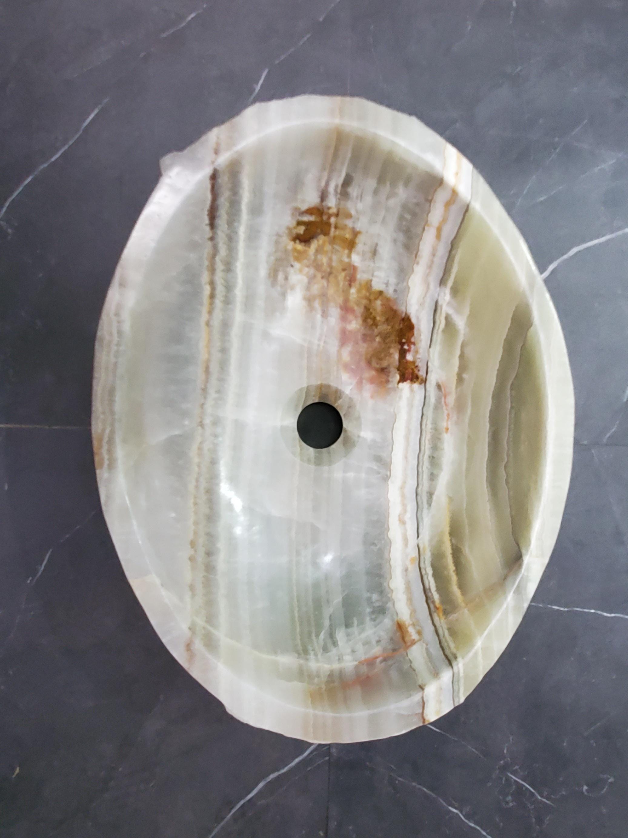 Green Onyx Marble Vessel Sink – Oval Natural Stone Countertop Sink, Polished Vanity Basin, Luxury Spa Bathroom Decor 18.5x14 Inch Above Counter sink Bathroom Décor beige tan taupe hand basin bowl handmade powder room Home design trends luxury bathroom Marble Onix Rock modern contemporary natural stone sink plumbing fixture Rectangle Vessel Tan Rustic Onyx Vessel Sinks Translucent Polish