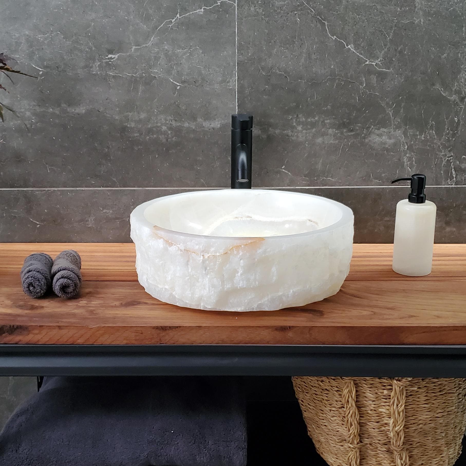 White Onyx Marble Vessel Sink, Natural Stone Vanity Basin, Polished Bathroom Countertop Sink, Spa Decor 16x16 Inch Above Counter sink Bathroom Décor beige tan taupe hand basin bowl handmade powder room Home design trends luxury bathroom Marble Onix Rock modern contemporary natural stone sink plumbing fixture Rectangle Vessel Tan Rustic Onyx Vessel Sinks Translucent Polish