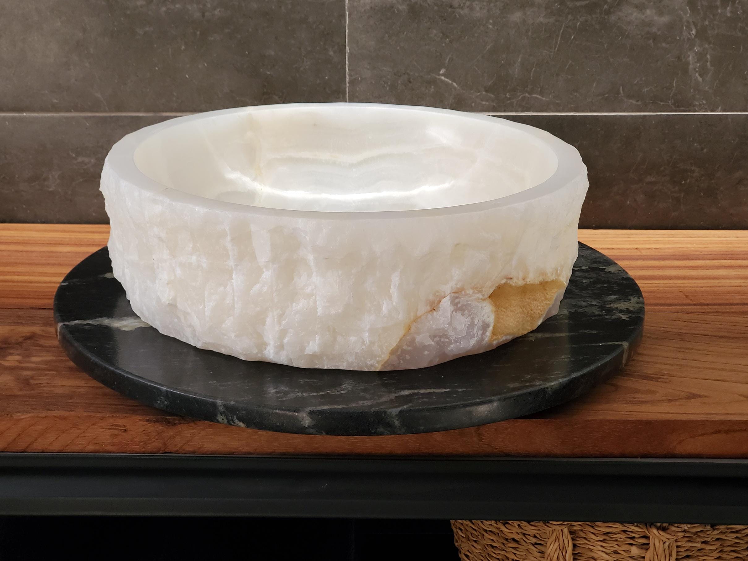 White Onyx Vessel Sink, 15.6x15.6 Inch Natural Stone Countertop Basin, Polished Luxury Vanity Sink, Spa Bathroom Decor Above Counter sink Bathroom Décor beige tan taupe hand basin bowl handmade powder room Home design trends luxury bathroom Marble Onix Rock modern contemporary natural stone sink plumbing fixture Rectangle Vessel Tan Rustic Onyx Vessel Sinks Translucent Polish