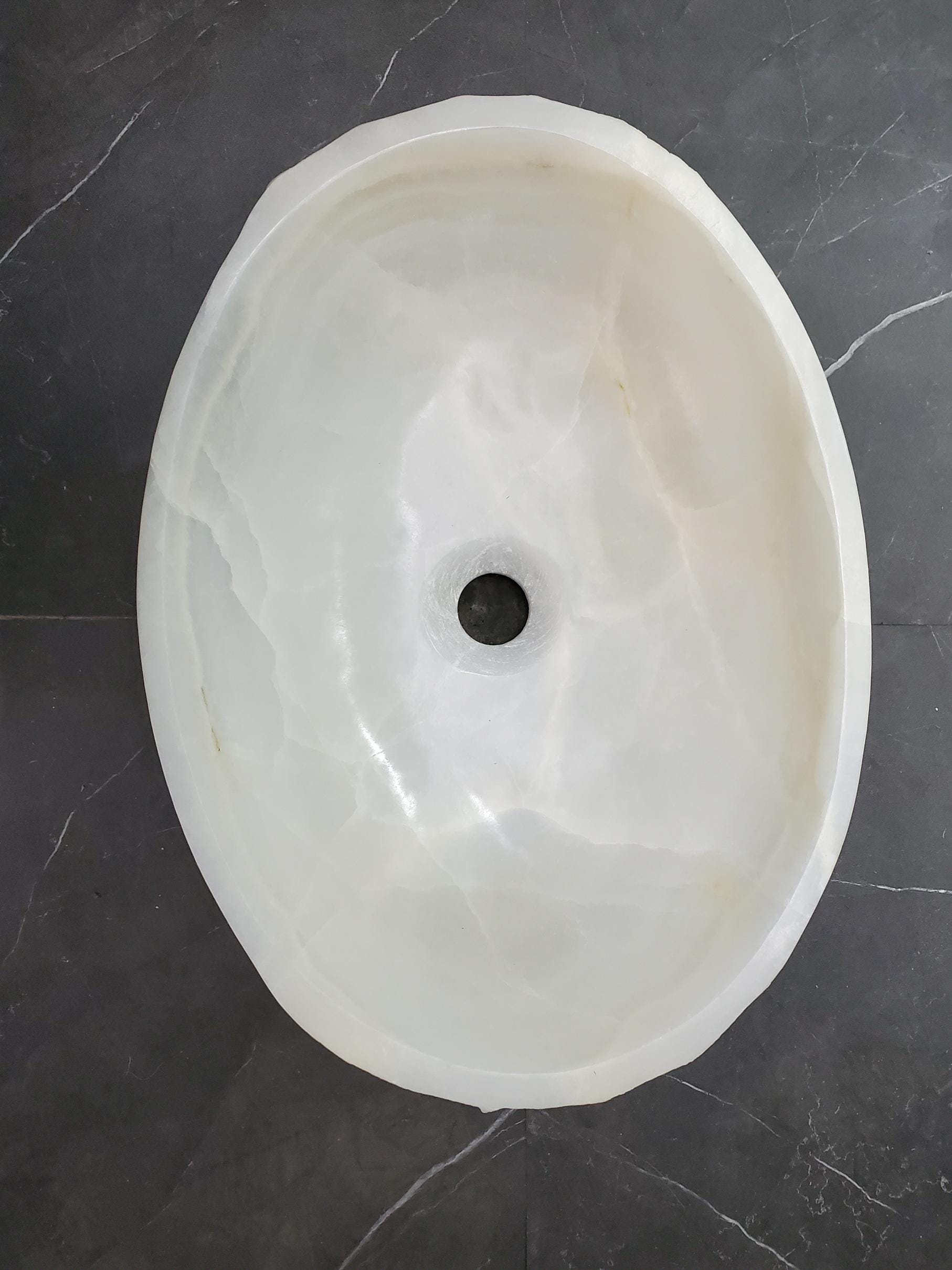 White Onyx Vessel Sink – Oval Natural Stone Countertop Sink, Polished Vanity Basin, Luxury Spa Bathroom Decor 18.5x13.5 Inch Above Counter sink Bathroom Décor beige tan taupe hand basin bowl handmade powder room Home design trends luxury bathroom Marble Onix Rock modern contemporary natural stone sink plumbing fixture Rectangle Vessel Tan Rustic Onyx Vessel Sinks Translucent Polish
