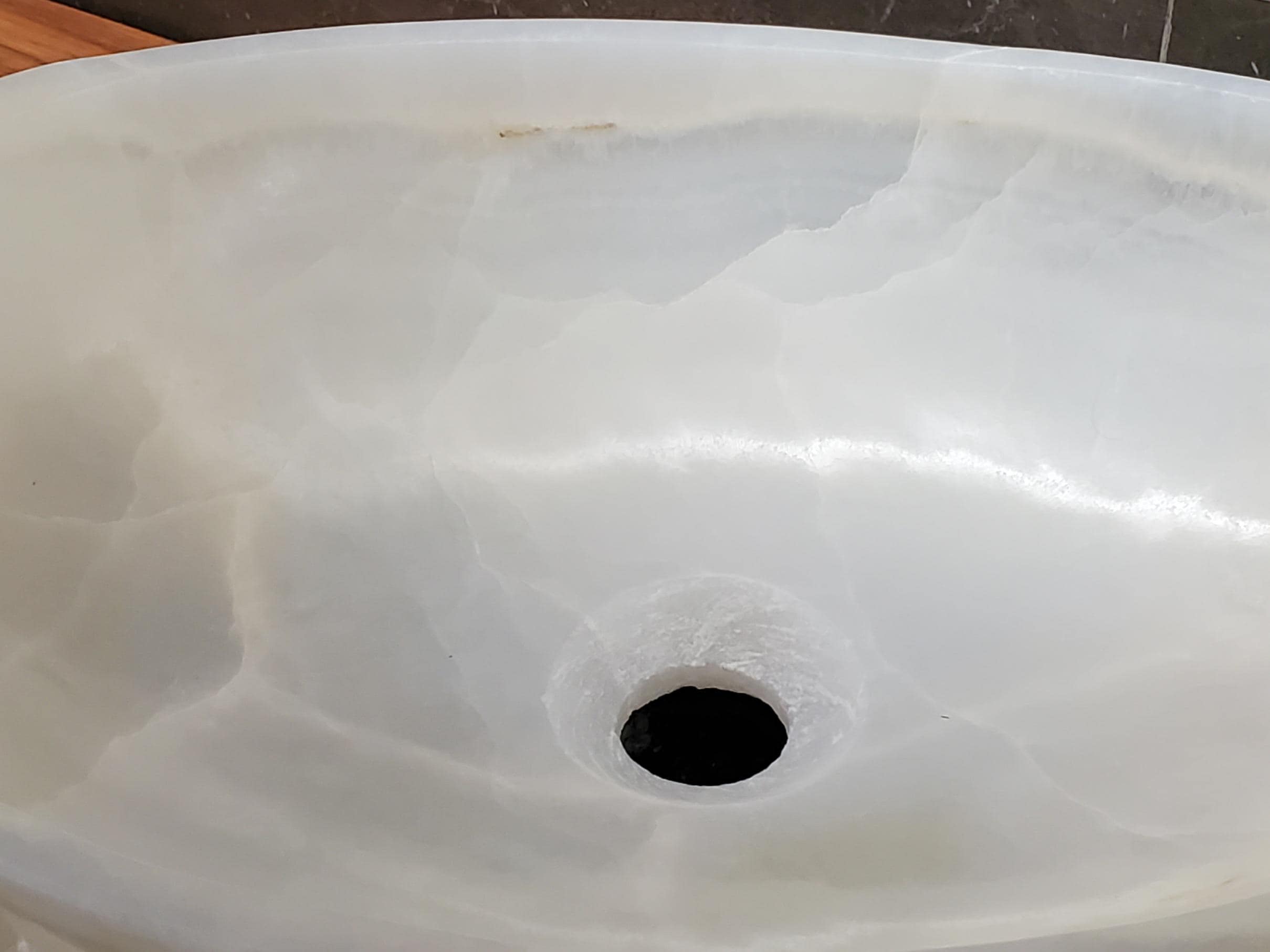 White Onyx Vessel Sink – Oval Natural Stone Countertop Sink, Polished Vanity Basin, Luxury Spa Bathroom Decor 18.5x13.5 Inch Above Counter sink Bathroom Décor beige tan taupe hand basin bowl handmade powder room Home design trends luxury bathroom Marble Onix Rock modern contemporary natural stone sink plumbing fixture Rectangle Vessel Tan Rustic Onyx Vessel Sinks Translucent Polish