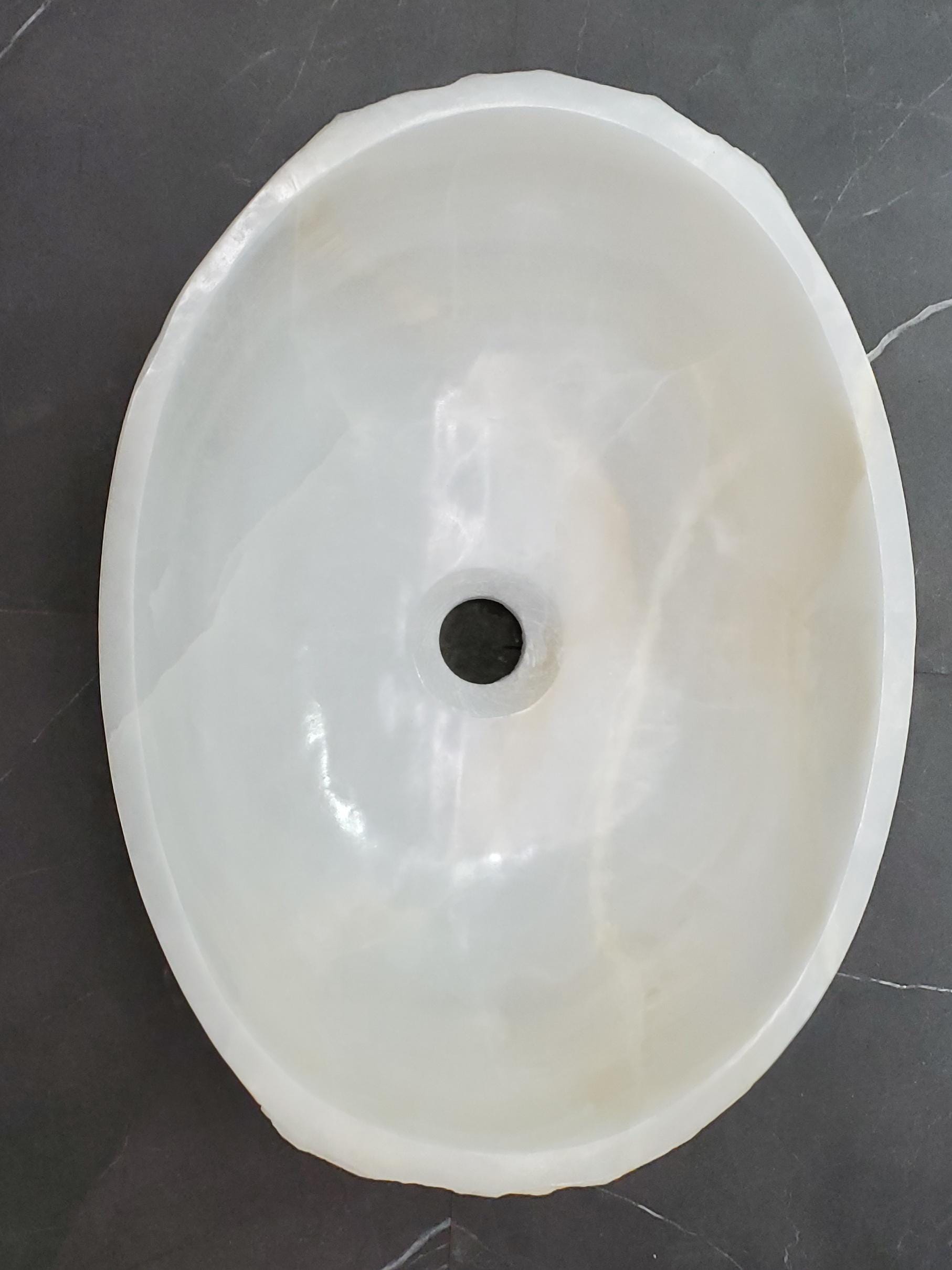 White Onyx Vessel Sink – Oval Natural Stone Countertop Sink, Polished Vanity Basin, Luxury Spa Bathroom Decor 18.5x13.5 Inch Above Counter sink Bathroom Décor beige tan taupe hand basin bowl handmade powder room Home design trends luxury bathroom Marble Onix Rock modern contemporary natural stone sink plumbing fixture Rectangle Vessel Tan Rustic Onyx Vessel Sinks Translucent Polish