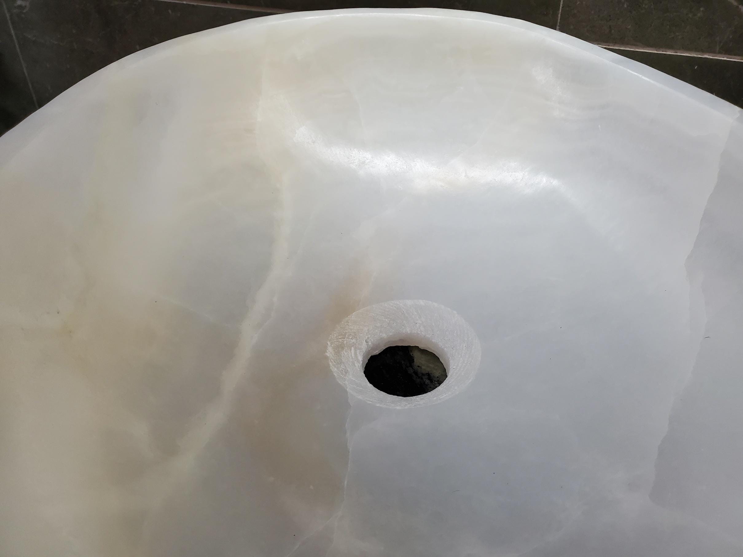 White Onyx Vessel Sink – Oval Natural Stone Countertop Sink, Polished Vanity Basin, Luxury Spa Bathroom Decor 18.5x13.5 Inch Above Counter sink Bathroom Décor beige tan taupe hand basin bowl handmade powder room Home design trends luxury bathroom Marble Onix Rock modern contemporary natural stone sink plumbing fixture Rectangle Vessel Tan Rustic Onyx Vessel Sinks Translucent Polish
