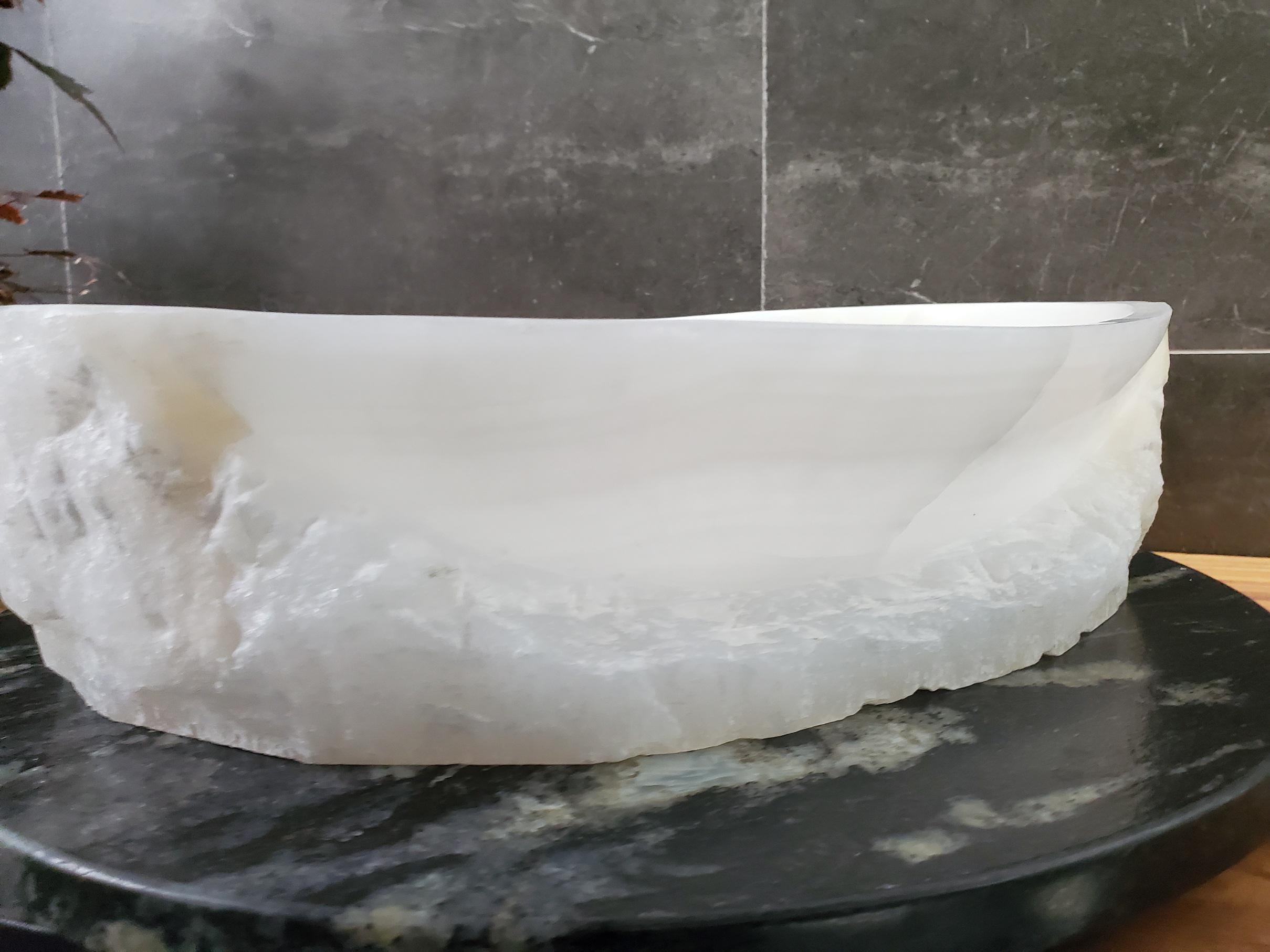White Onyx Vessel Sink – Oval Natural Stone Countertop Sink, Polished Vanity Basin, Luxury Spa Bathroom Decor 18.5x13.5 Inch Above Counter sink Bathroom Décor beige tan taupe hand basin bowl handmade powder room Home design trends luxury bathroom Marble Onix Rock modern contemporary natural stone sink plumbing fixture Rectangle Vessel Tan Rustic Onyx Vessel Sinks Translucent Polish
