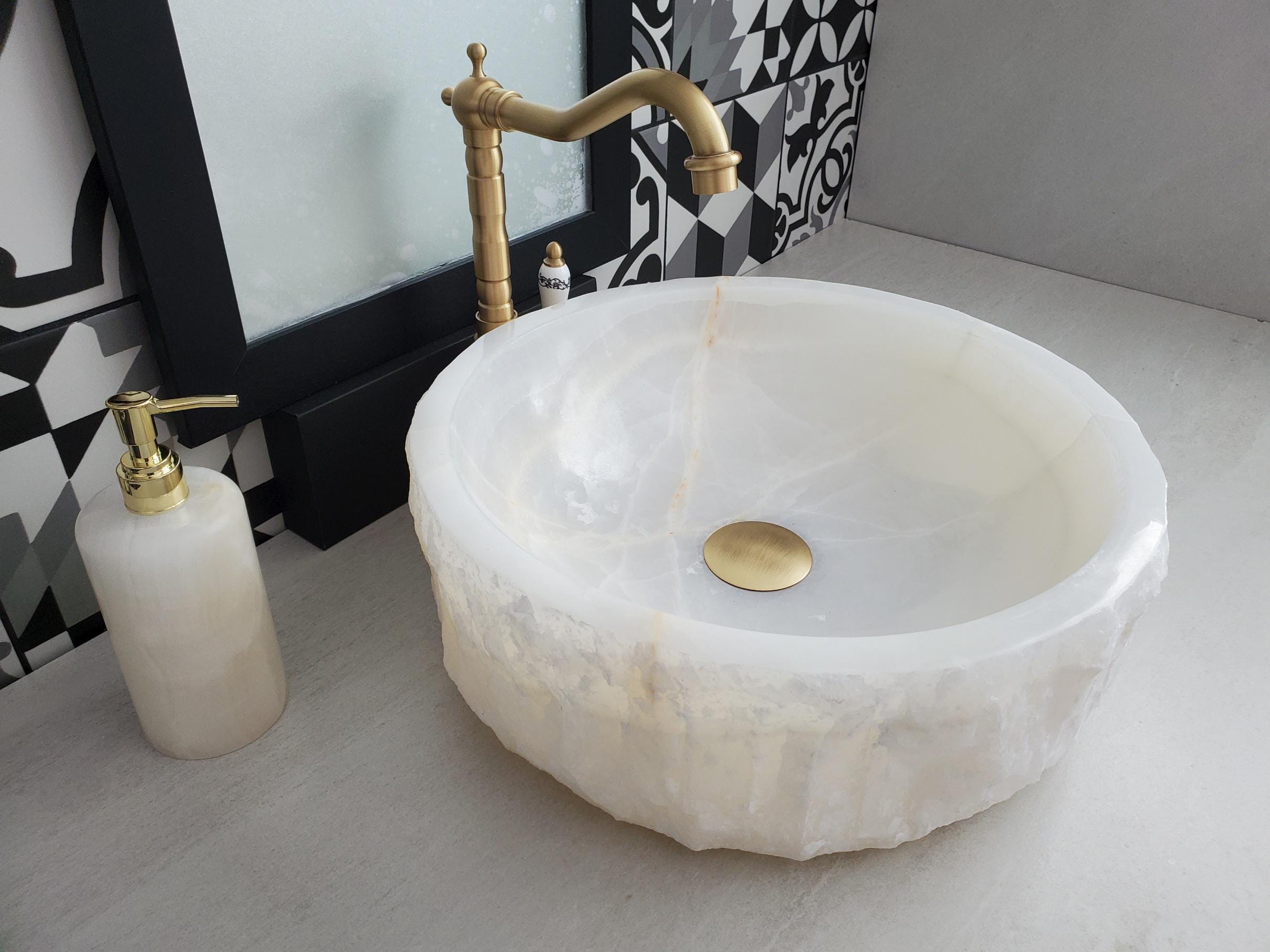 White Onyx Vessel Sink – Round Natural Stone Countertop Sink, Polished Vanity Basin, Luxury Spa Bathroom Decor 15.8x15.8 Inch Above Counter sink Bathroom Décor beige tan taupe hand basin bowl handmade powder room Home design trends luxury bathroom Marble Onix Rock modern contemporary natural stone sink plumbing fixture Rectangle Vessel Tan Rustic Onyx Vessel Sinks Translucent Polish