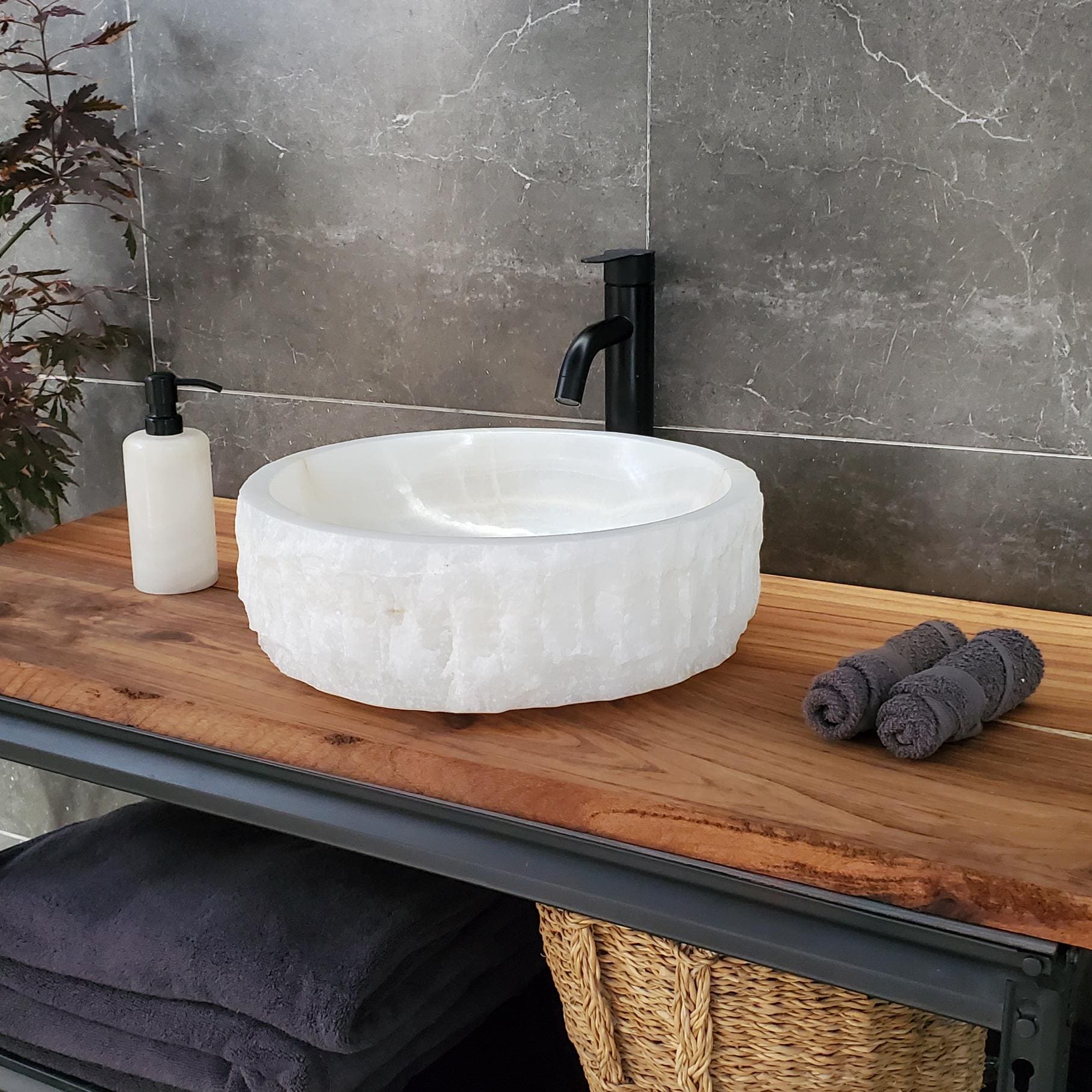 White Onyx Vessel Sink – Round Natural Stone Countertop Sink, Polished Vanity Basin, Luxury Spa Bathroom Decor 15.8x15.8 Inch Above Counter sink Bathroom Décor beige tan taupe hand basin bowl handmade powder room Home design trends luxury bathroom Marble Onix Rock modern contemporary natural stone sink plumbing fixture Rectangle Vessel Tan Rustic Onyx Vessel Sinks Translucent Polish