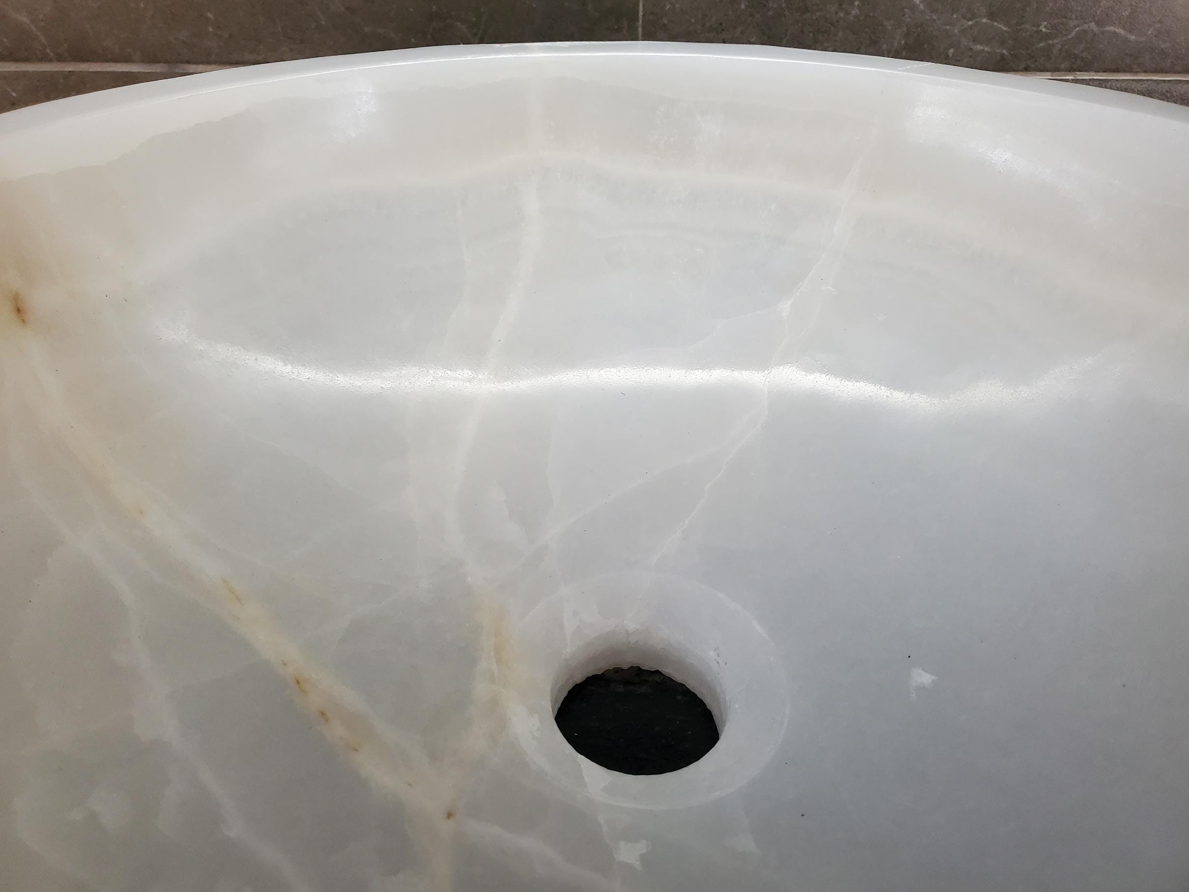 White Onyx Vessel Sink – Round Natural Stone Countertop Sink, Polished Vanity Basin, Luxury Spa Bathroom Decor 15.8x15.8 Inch Above Counter sink Bathroom Décor beige tan taupe hand basin bowl handmade powder room Home design trends luxury bathroom Marble Onix Rock modern contemporary natural stone sink plumbing fixture Rectangle Vessel Tan Rustic Onyx Vessel Sinks Translucent Polish