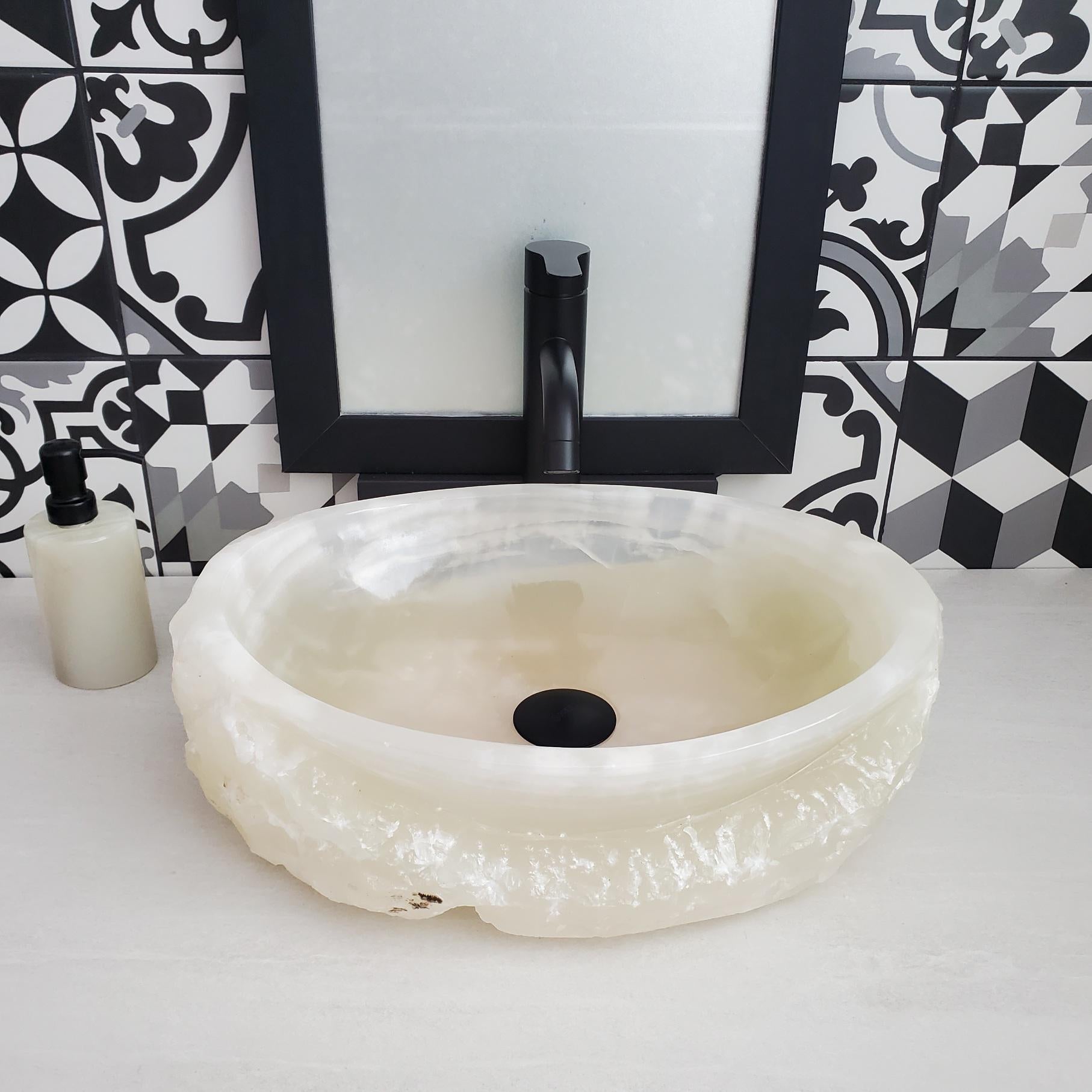 Green White Onyx Marble Vessel Sink, Natural Stone Vanity Basin, Polished Bathroom Countertop Sink, Spa Decor 17x13 Inch Above Counter sink Bathroom Décor beige tan taupe hand basin bowl handmade powder room Home design trends luxury bathroom Marble Onix Rock modern contemporary natural stone sink plumbing fixture Rectangle Vessel Tan Rustic Onyx Vessel Sinks Translucent Polish