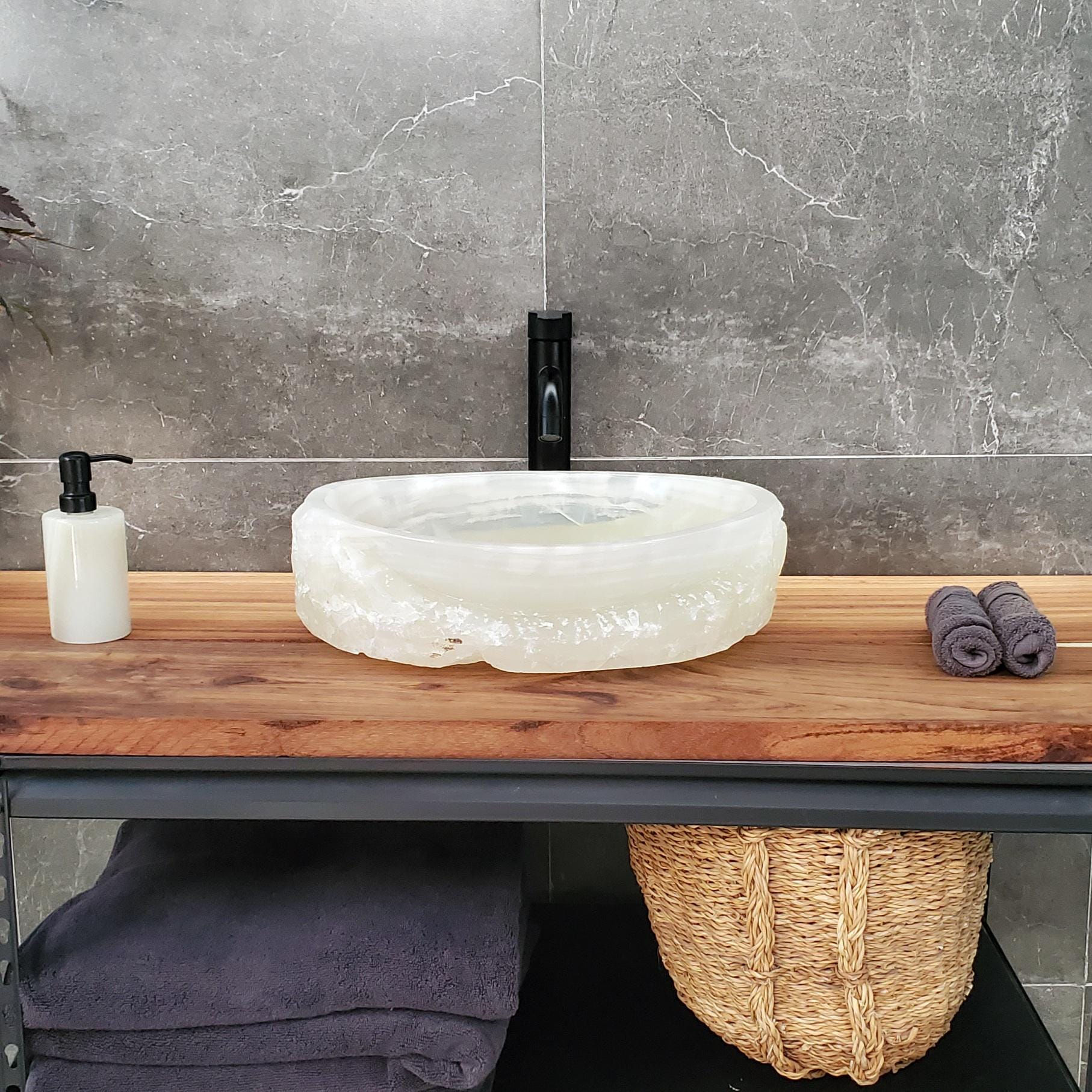 Green White Onyx Marble Vessel Sink, Natural Stone Vanity Basin, Polished Bathroom Countertop Sink, Spa Decor 17x13 Inch Above Counter sink Bathroom Décor beige tan taupe hand basin bowl handmade powder room Home design trends luxury bathroom Marble Onix Rock modern contemporary natural stone sink plumbing fixture Rectangle Vessel Tan Rustic Onyx Vessel Sinks Translucent Polish