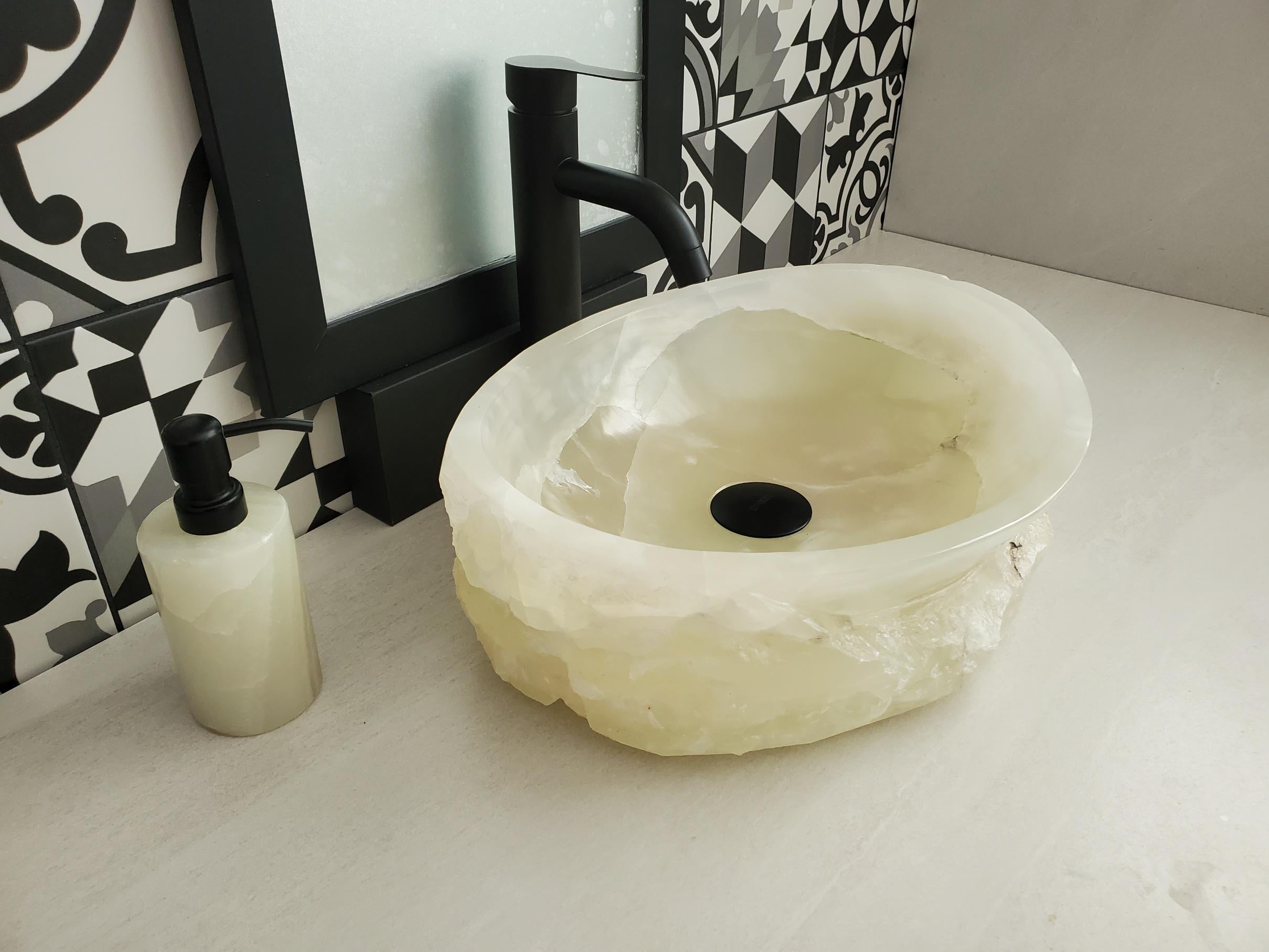 Green Onyx Vessel Sink, 17x13 Inch Natural Stone Countertop Basin, Polished Luxury Vanity Sink, Spa Bathroom Decor Above Counter sink Bathroom Décor beige tan taupe hand basin bowl handmade powder room Home design trends luxury bathroom Marble Onix Rock modern contemporary natural stone sink plumbing fixture Rectangle Vessel Tan Rustic Onyx Vessel Sinks Translucent Polish