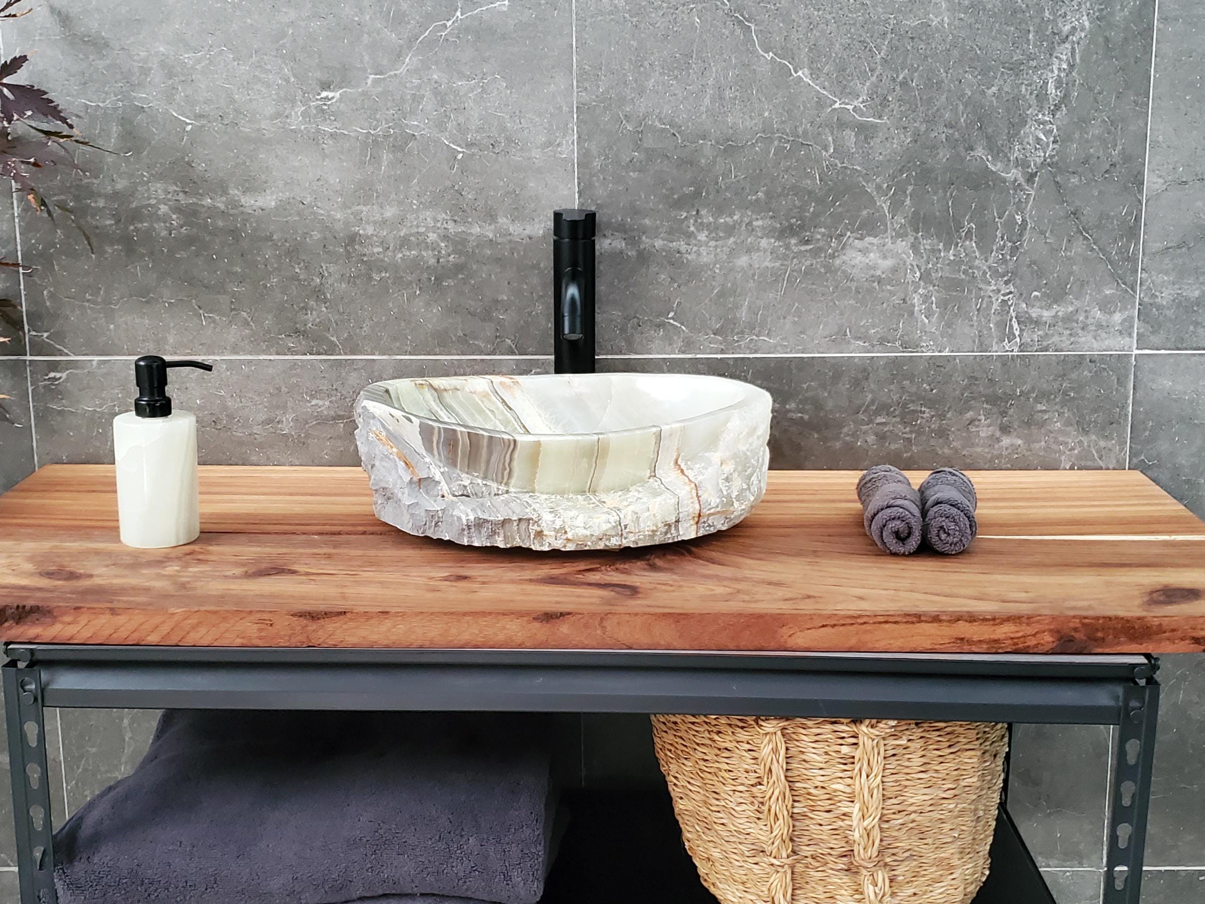 Green Onyx Vessel Sink – Oval Natural Stone Countertop Sink, Polished Vanity Basin, Luxury Spa Bathroom Decor 15.5x11 Inch Above Counter sink Bathroom Décor beige tan taupe hand basin bowl handmade powder room Home design trends luxury bathroom Marble Onix Rock modern contemporary natural stone sink plumbing fixture Rectangle Vessel Tan Rustic Onyx Vessel Sinks Translucent Polish