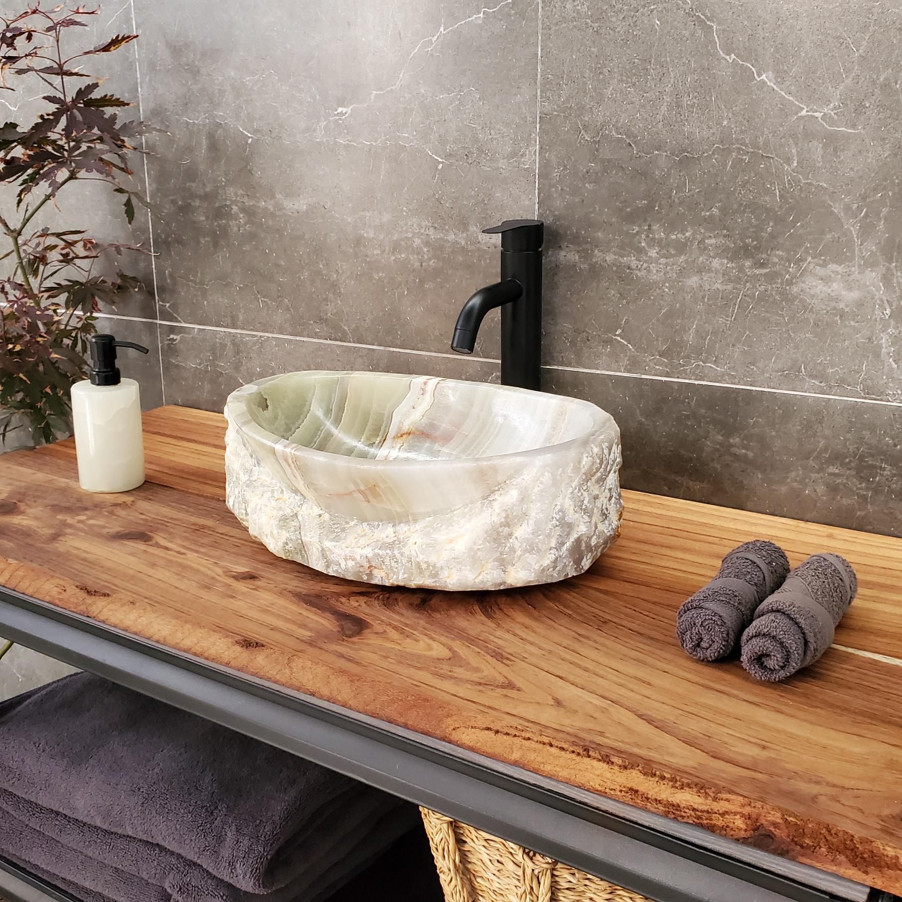 Green Onyx Vessel Sink, Natural Stone Vanity Basin, Polished Bathroom Countertop Sink, Spa Decor 15.5x11.5 Inch Above Counter sink Bathroom Décor beige tan taupe hand basin bowl handmade powder room Home design trends luxury bathroom Marble Onix Rock modern contemporary natural stone sink plumbing fixture Rectangle Vessel Tan Rustic Onyx Vessel Sinks Translucent Polish