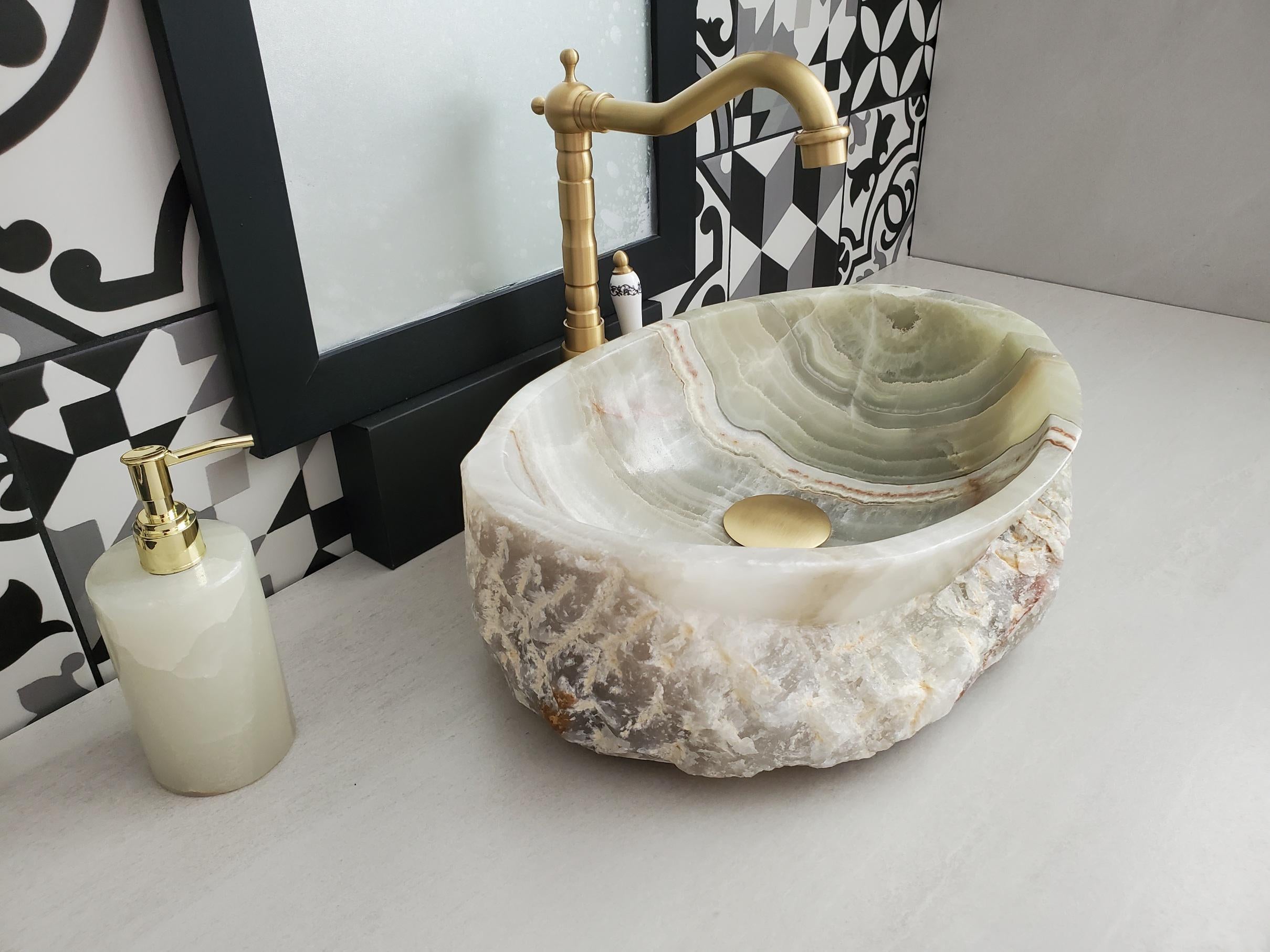 Green Onyx Vessel Sink, Natural Stone Vanity Basin, Polished Bathroom Countertop Sink, Spa Decor 15.5x11.5 Inch Above Counter sink Bathroom Décor beige tan taupe hand basin bowl handmade powder room Home design trends luxury bathroom Marble Onix Rock modern contemporary natural stone sink plumbing fixture Rectangle Vessel Tan Rustic Onyx Vessel Sinks Translucent Polish