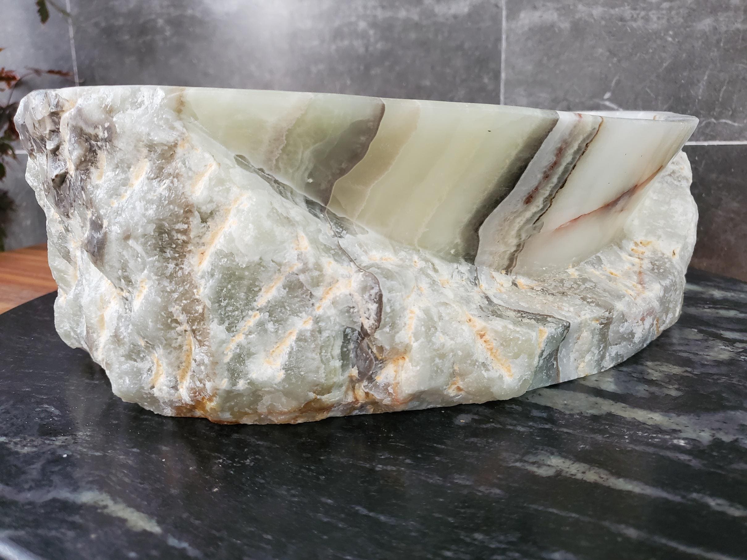 Green Onyx Vessel Sink, Natural Stone Vanity Basin, Polished Bathroom Countertop Sink, Spa Decor 15.5x11.5 Inch Above Counter sink Bathroom Décor beige tan taupe hand basin bowl handmade powder room Home design trends luxury bathroom Marble Onix Rock modern contemporary natural stone sink plumbing fixture Rectangle Vessel Tan Rustic Onyx Vessel Sinks Translucent Polish